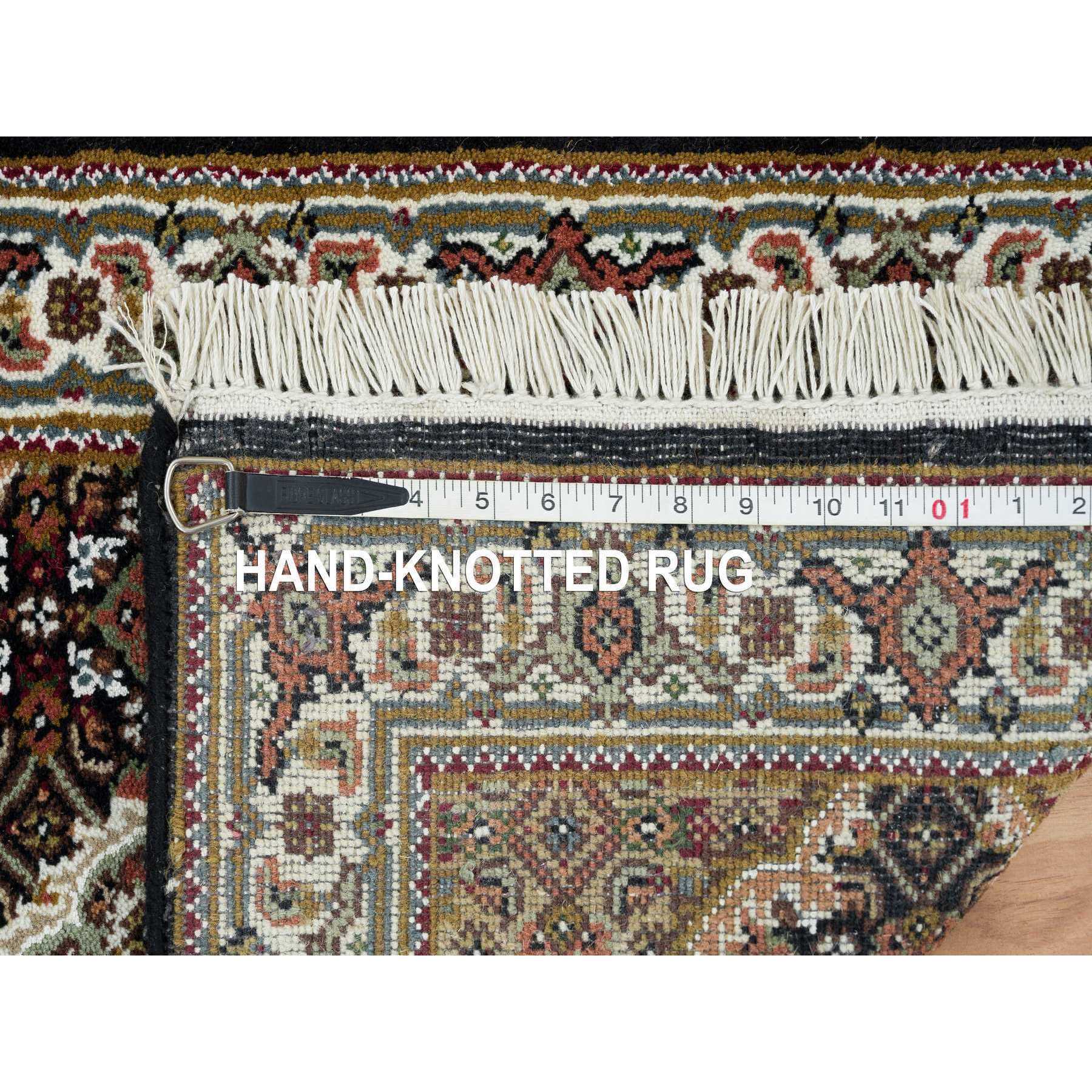 2'x3'1" Rich Black, Tabriz Mahi with Fish Medallion Design, Hand Woven, 175 KPSI, 100% Wool, Mat Oriental Rug 