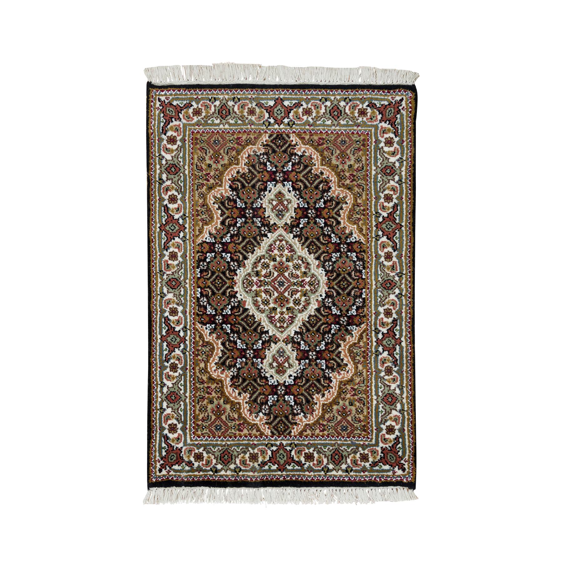 2'x3'1" Rich Black, Tabriz Mahi with Fish Medallion Design, Pure Wool, 175 KPSI, Hand Woven, Mat Oriental Rug 