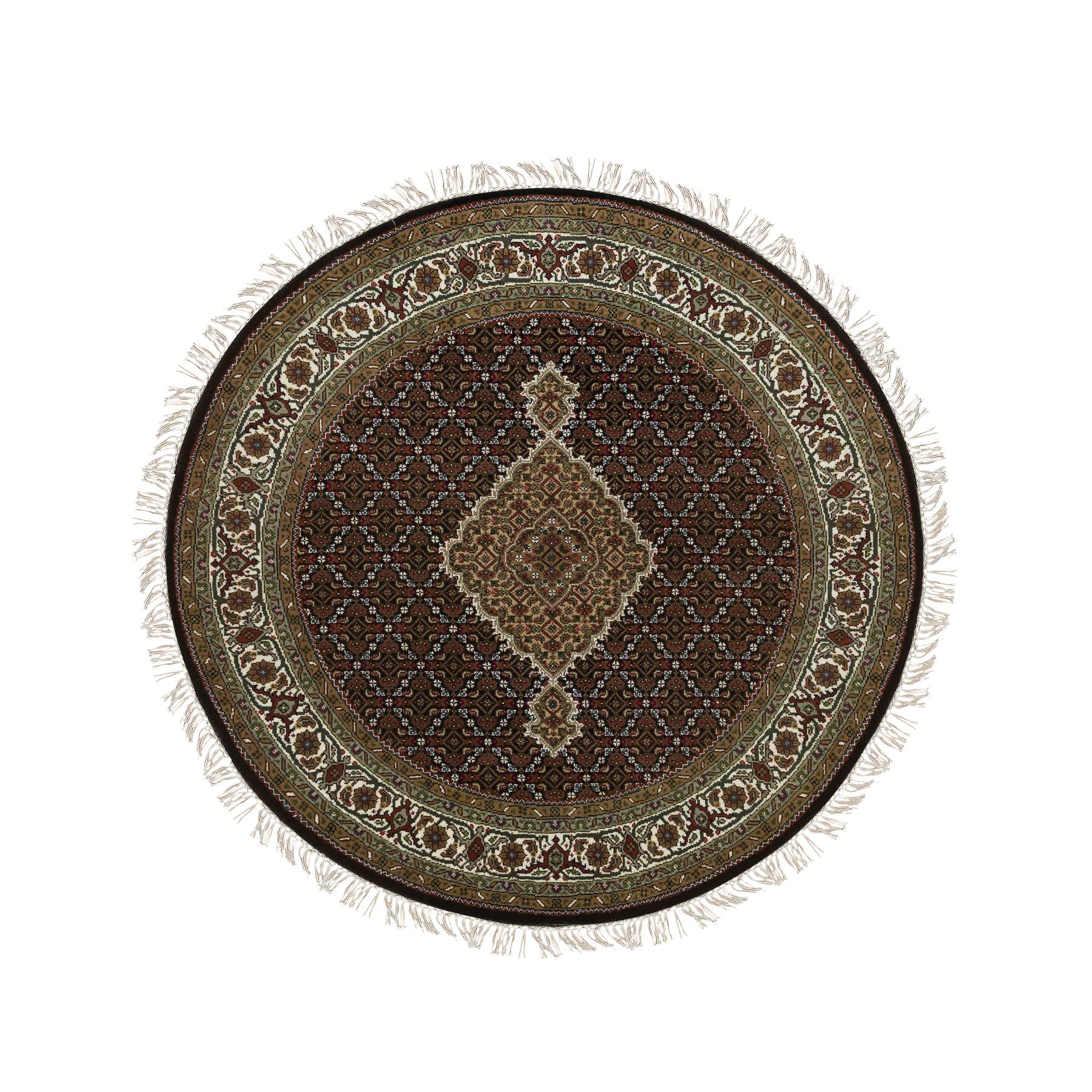 5'x5' Rich Black, Tabriz Mahi with Fish Medallion Design, Hand Woven, 175 KPSI, 100% Wool, Round Oriental Rug 