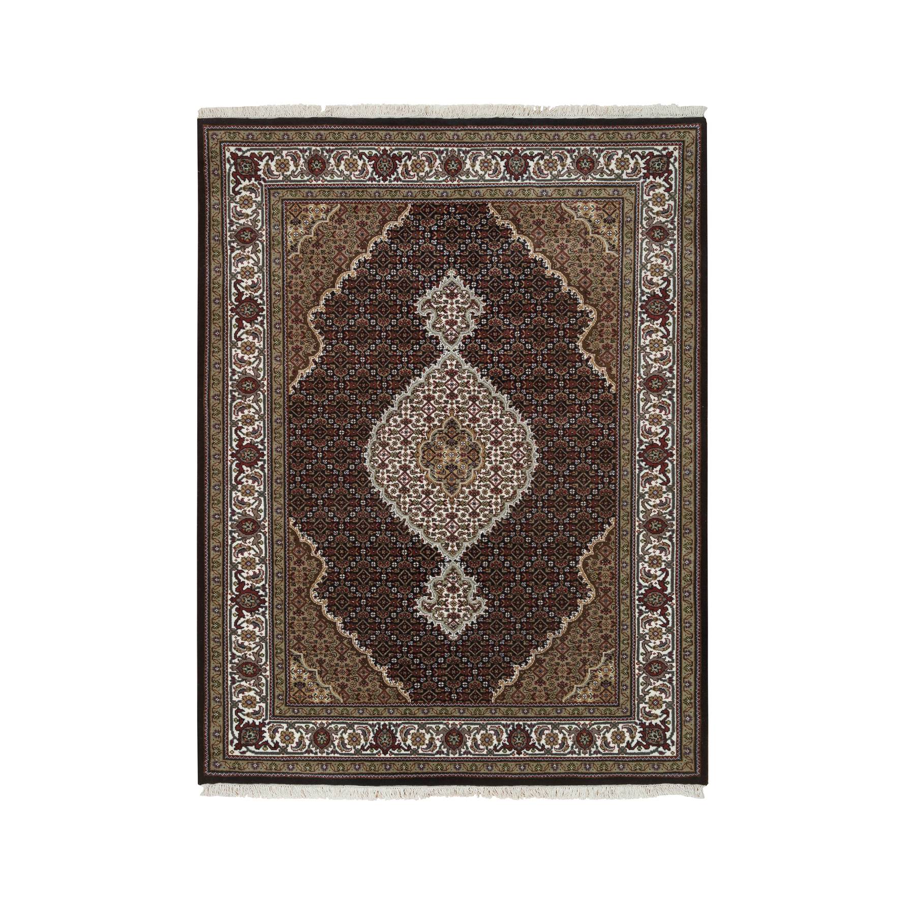 5'x7'1" Rich Black, Tabriz Mahi with Fish Medallion Design, Pure Wool, 175 KPSI, Hand Woven, Oriental Rug 