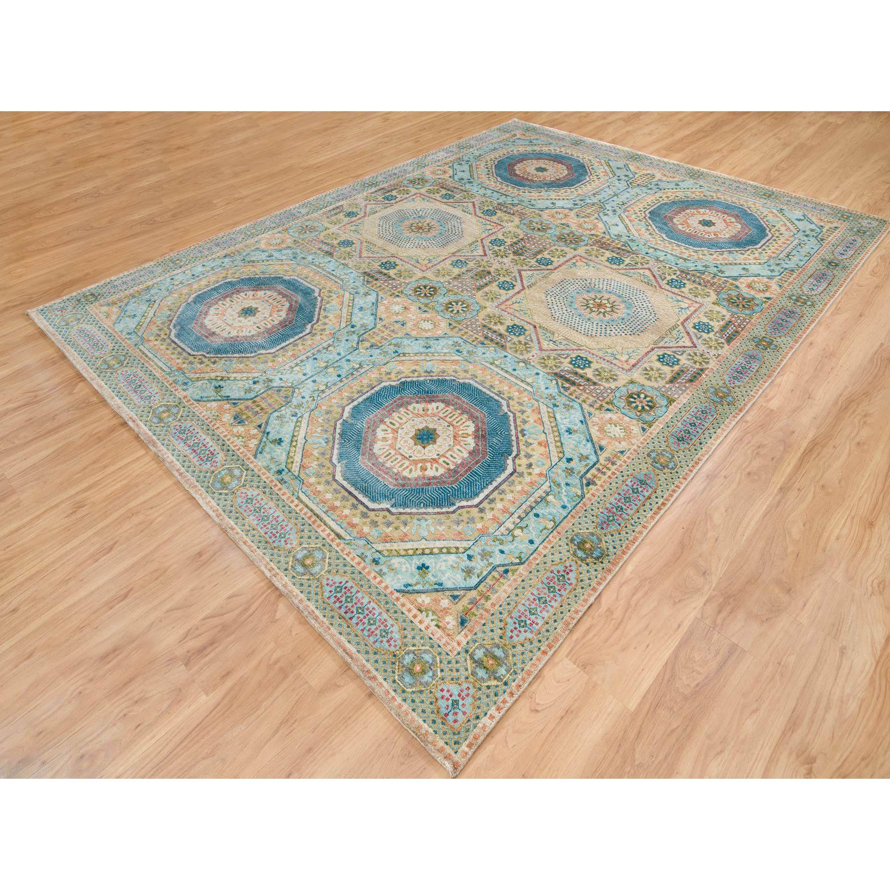 9'x12'1" Colorful, Hand Woven Mamluk Design with Geometric Medallions, Textured Wool and Silk, Oriental Rug 