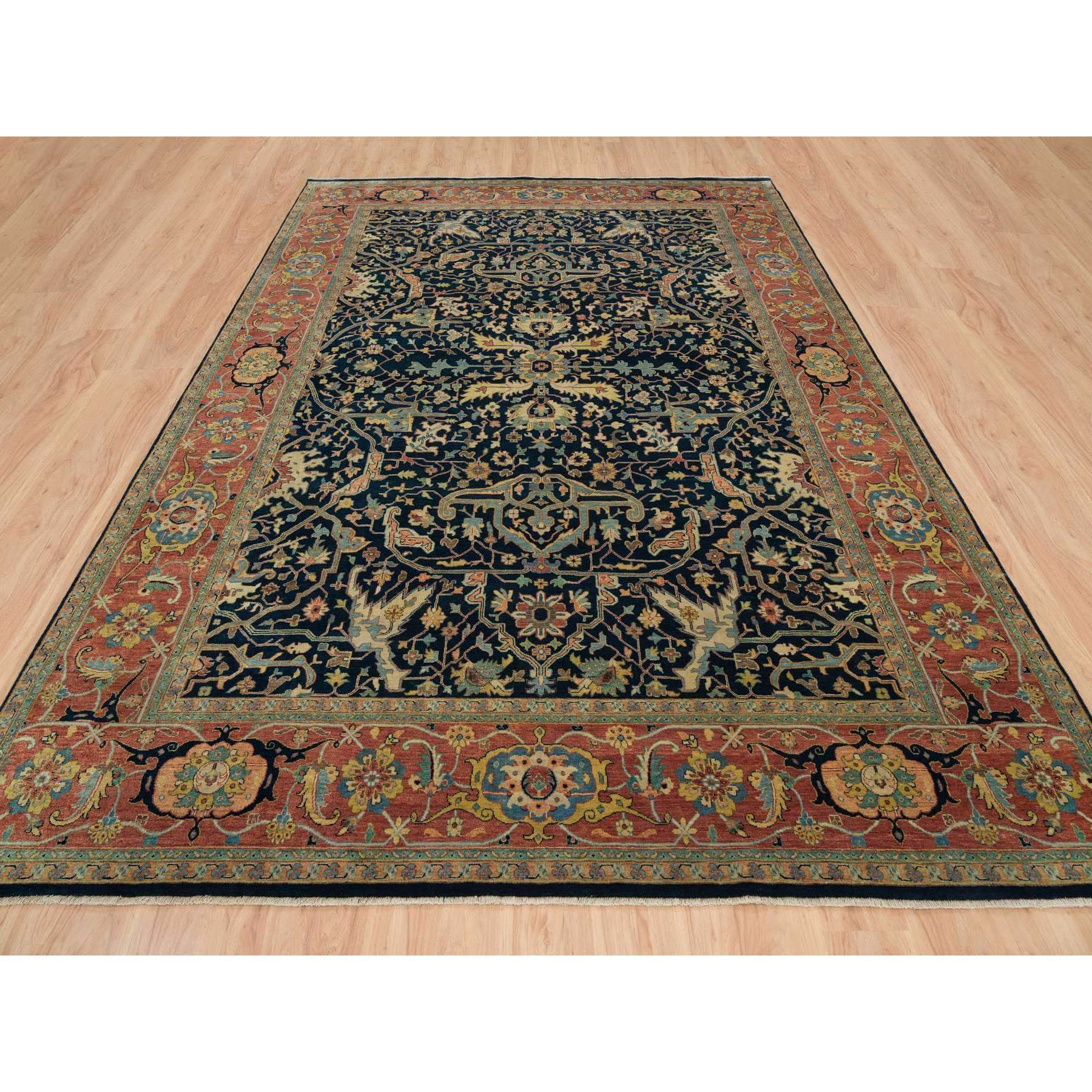 10'x13'10" Terracotta Red with Navy Blue, Pure Wool, Hand Woven, Densely Woven, Antiqued Fine Heriz Re-Creation, Vegetable Dyes, Oriental Rug 