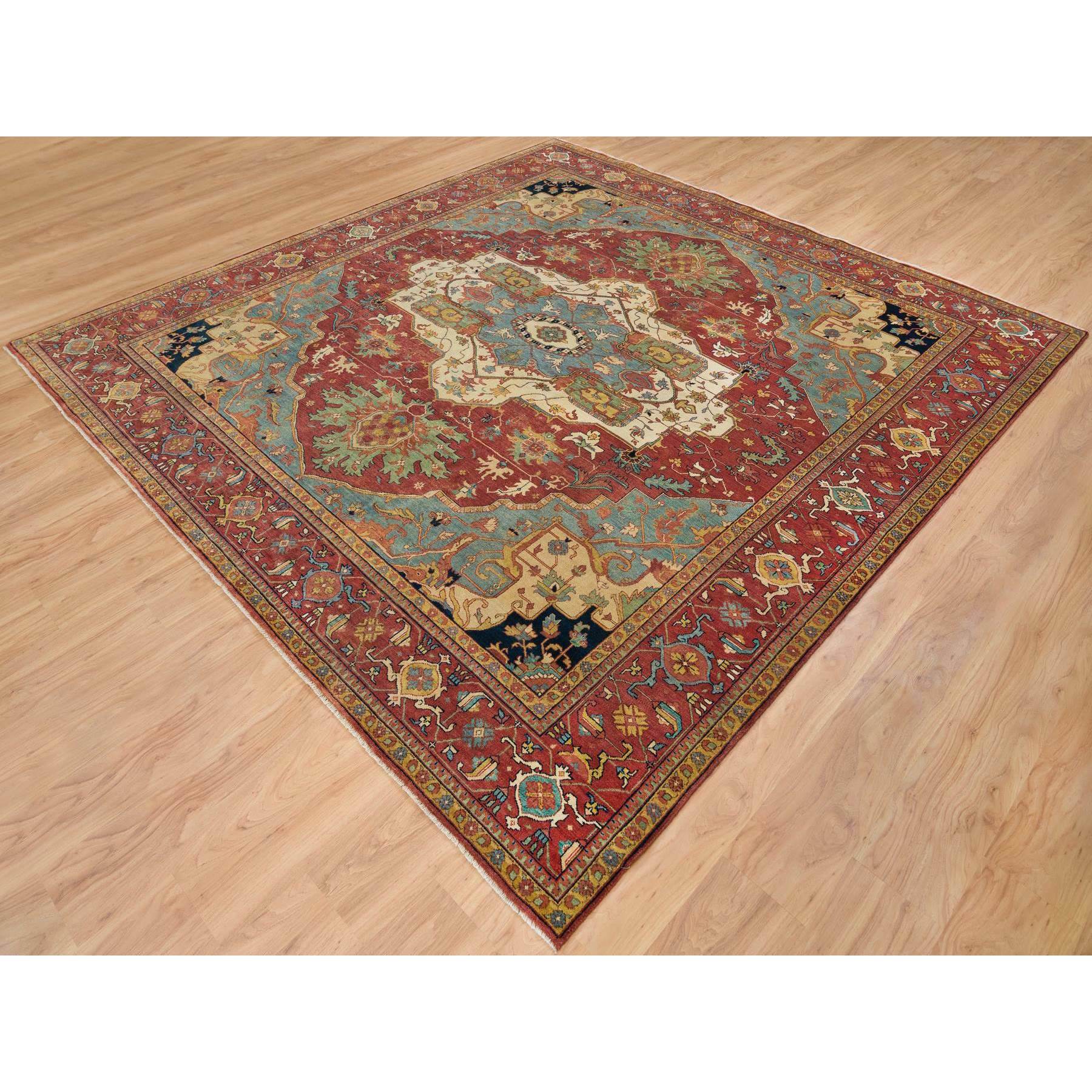 9'8"x10'1" Terracotta Red, Soft Wool, Antiqued Fine Heriz Re-Creation, Natural Dyes, Hand Woven, Densely Woven, Square Oriental Rug 