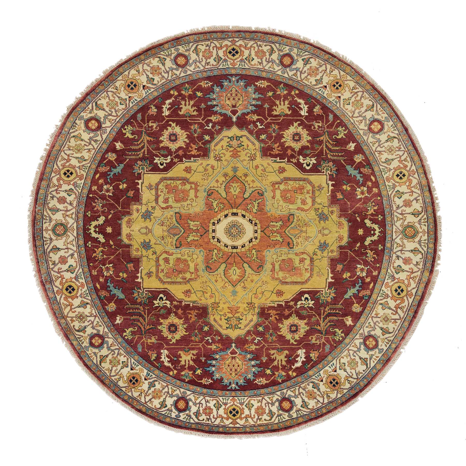 8'1"x8'1" Terracotta Red, Organic Wool, Hand Woven, Antiqued Fine Heriz Re-Creation, Densely Woven, Natural Dyes, Round Oriental Rug 