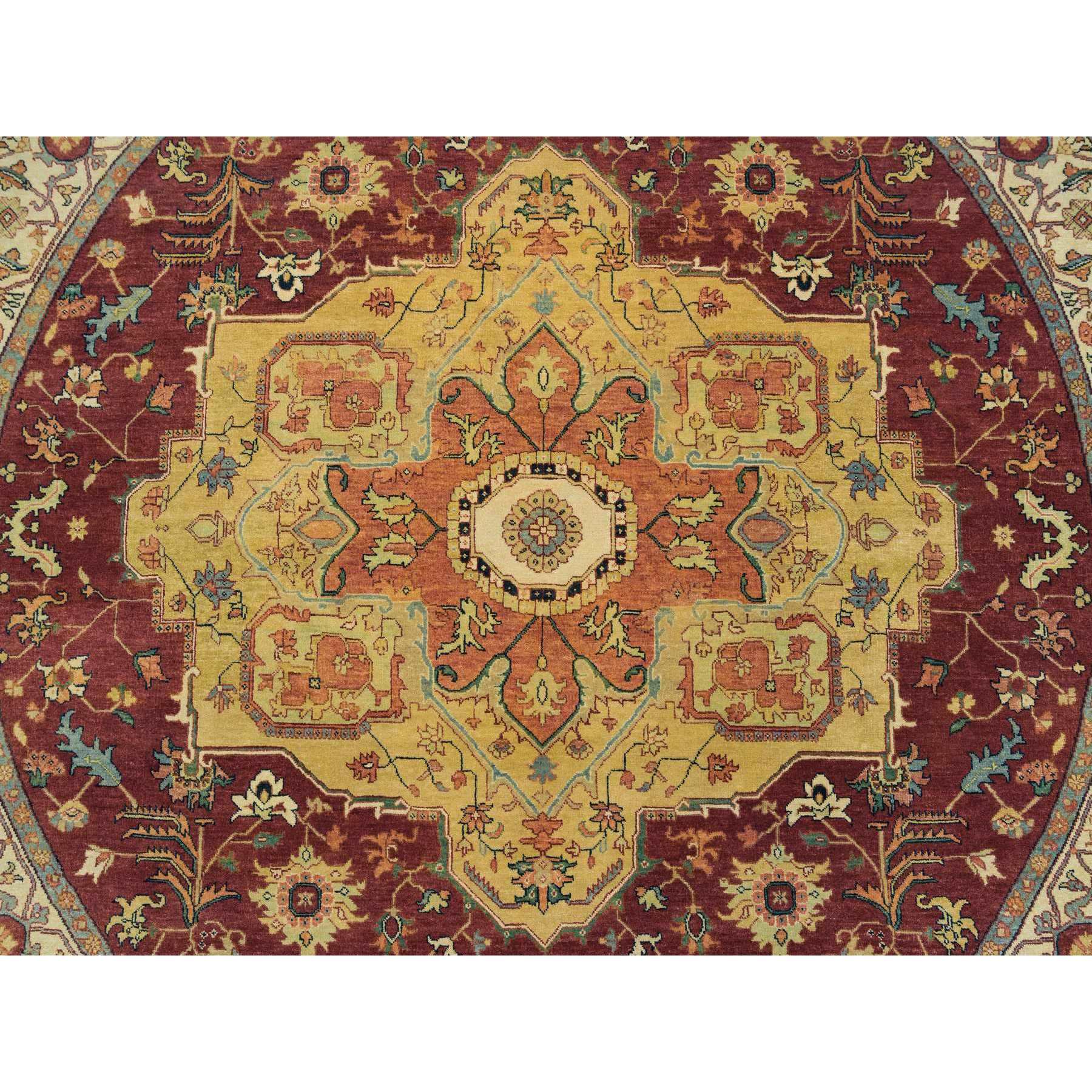 8'1"x8'1" Terracotta Red, Organic Wool, Hand Woven, Antiqued Fine Heriz Re-Creation, Densely Woven, Natural Dyes, Round Oriental Rug 