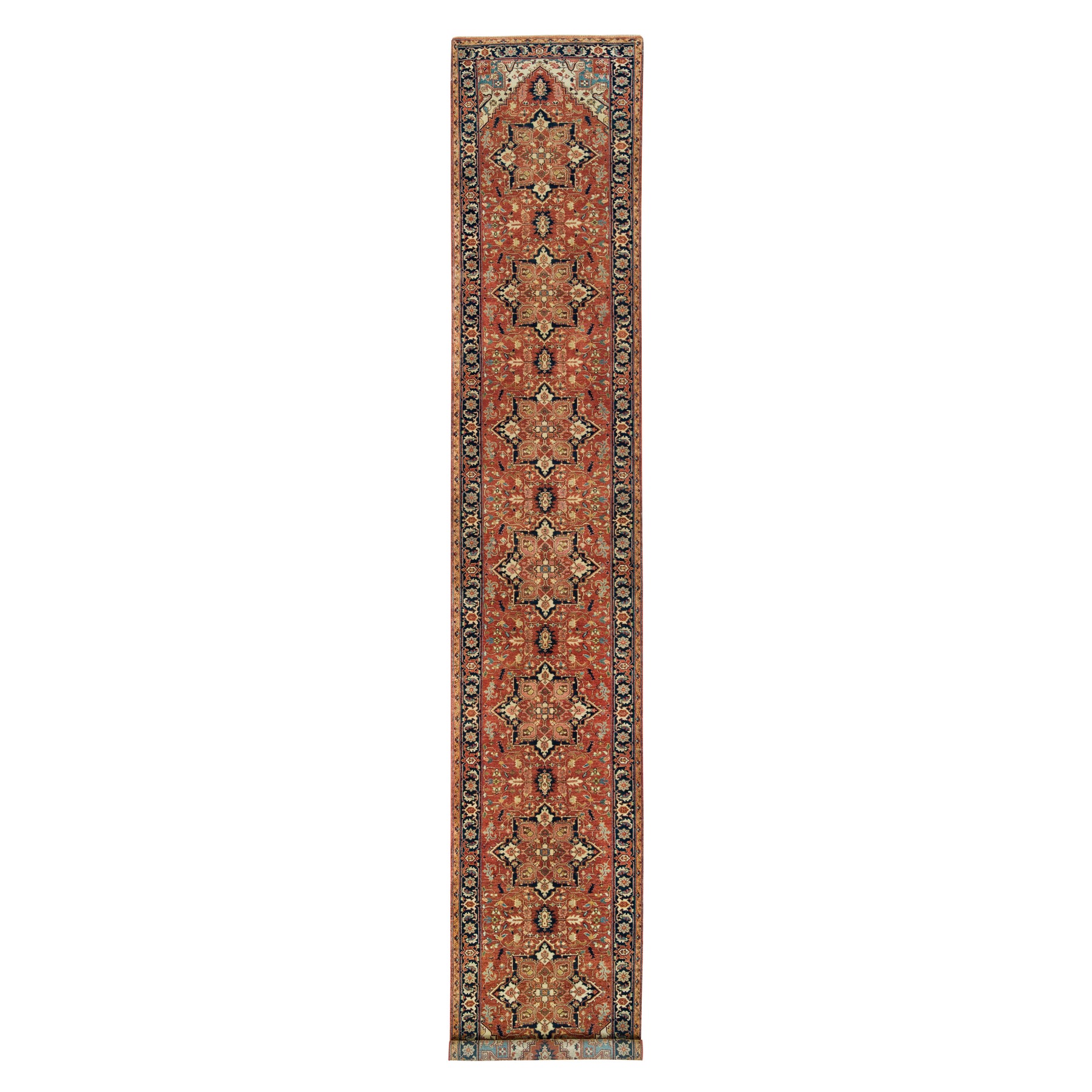 2'7"x16'2" Terracotta Red, Hand Woven, Antiqued Fine Heriz Re-Creation, Natural Wool, Natural Dyes, Dense Weave, XL Runner Oriental Rug 