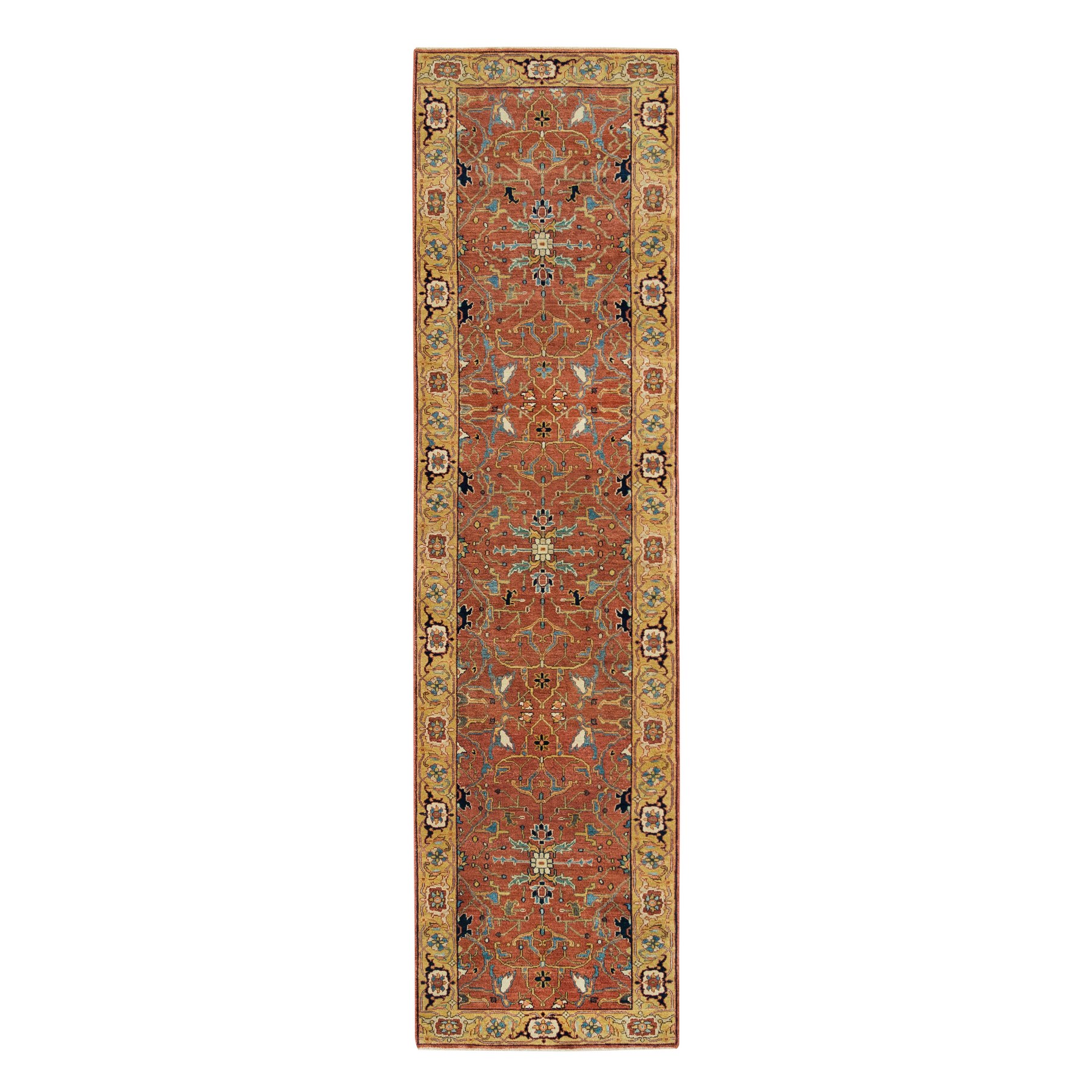 2'7"x 10'3" Terracotta Red With Yellow, Antiqued Fine Heriz Re-Creation, Hand Woven, 100% Wool, Natural Dyes, Runner Oriental Rug 