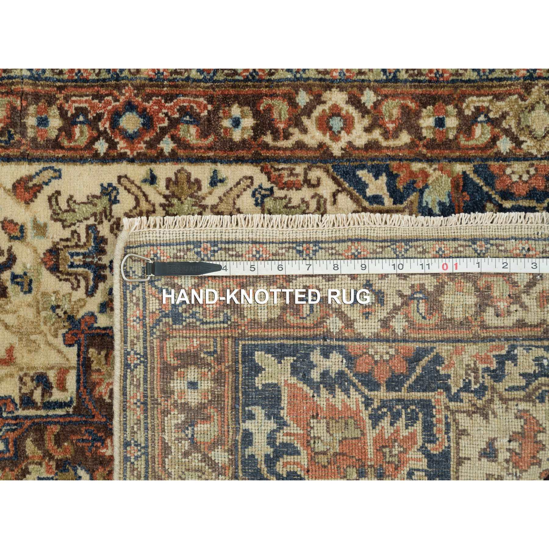 2'7"x10'3" Beige, Antiqued Heriz Re-Creation with Geometric Medallions, Extra Soft Wool, Hand Woven, Runner Oriental Rug 