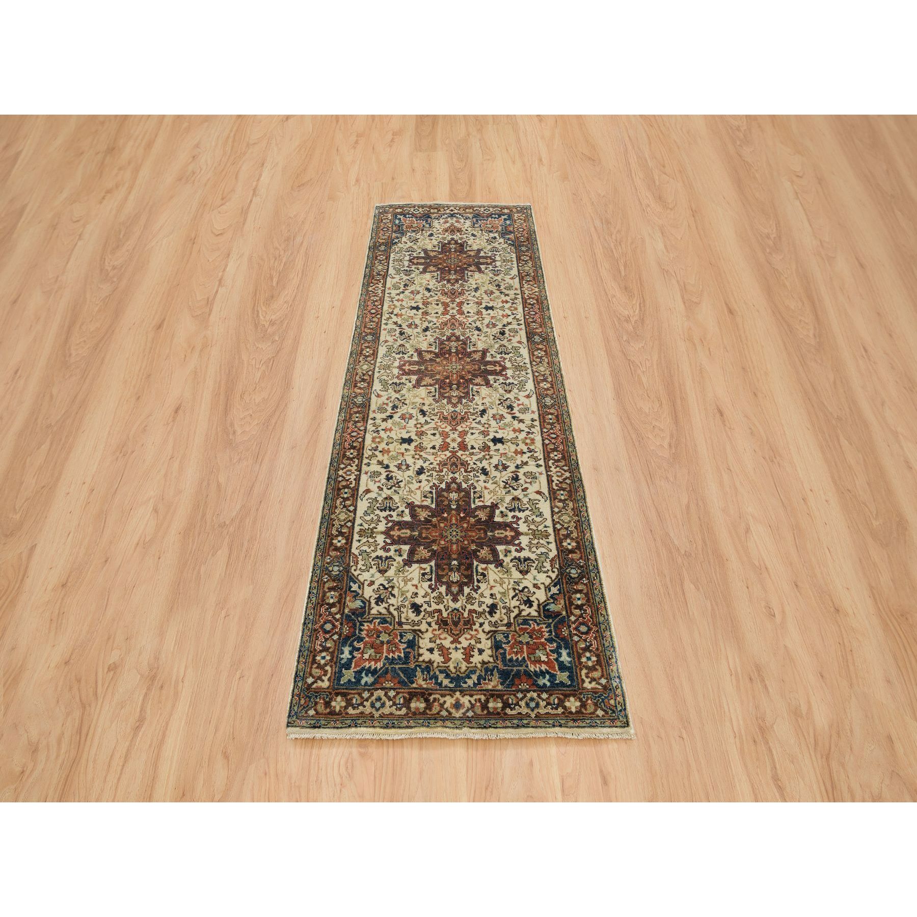 2'6"x8'3" Beige, Extra Soft Wool, Hand Woven, Antiqued Heriz Re-Creation with Geometric Medallions, Runner Oriental Rug 