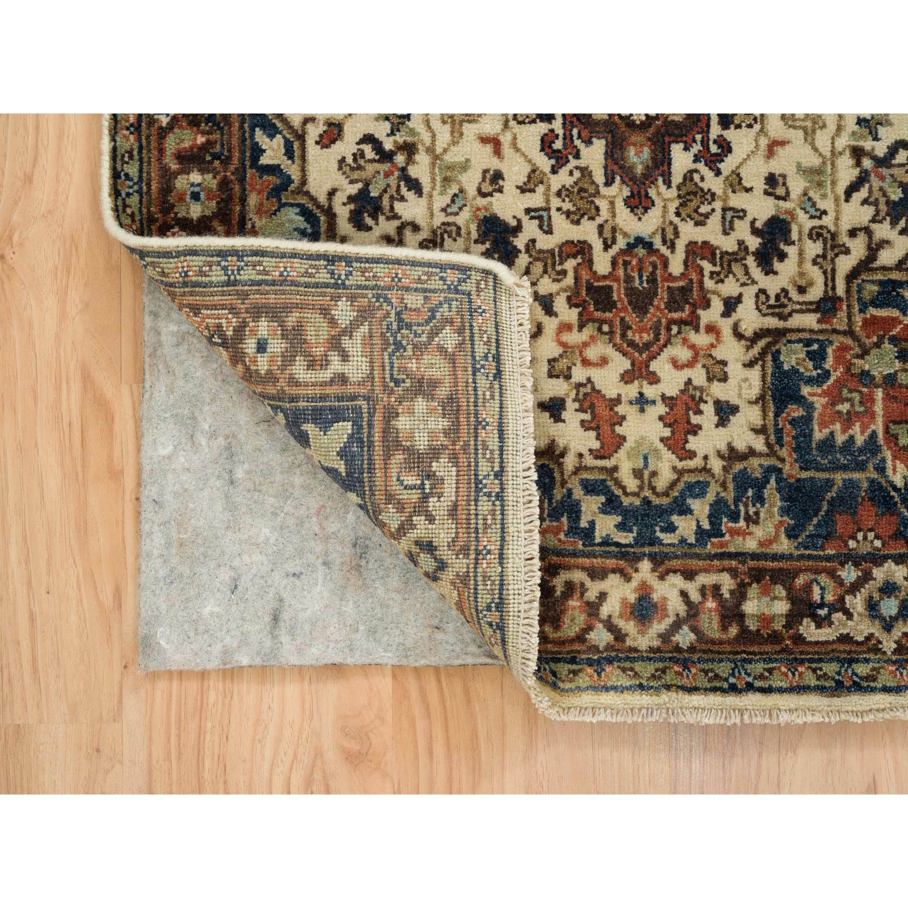 2'6"x8'3" Beige, Extra Soft Wool, Hand Woven, Antiqued Heriz Re-Creation with Geometric Medallions, Runner Oriental Rug 