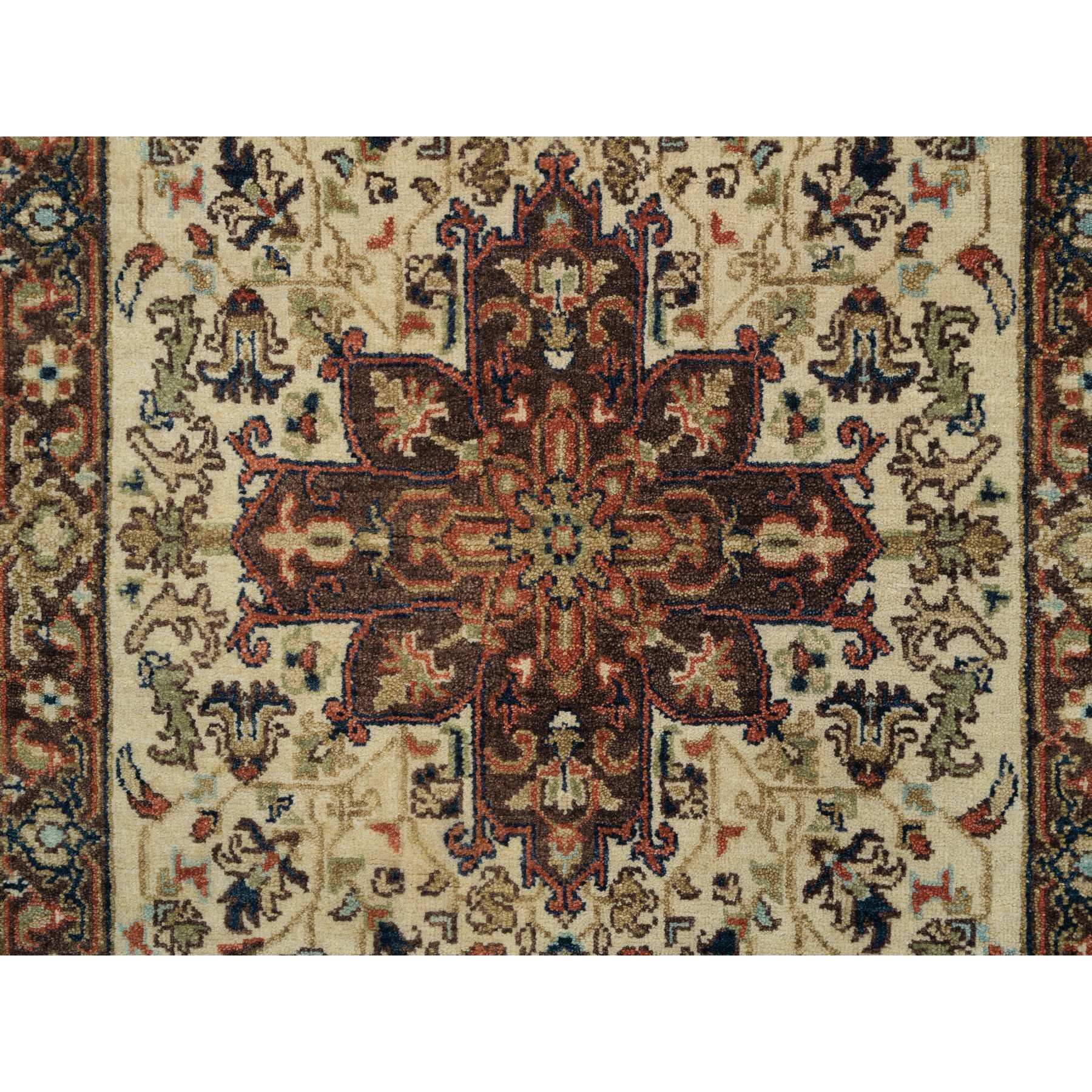 2'8"x8'1" Beige, Hand Woven, Antiqued Heriz Re-Creation with Geometric Medallions, Extra Soft Wool, Oriental, Runner Rug 