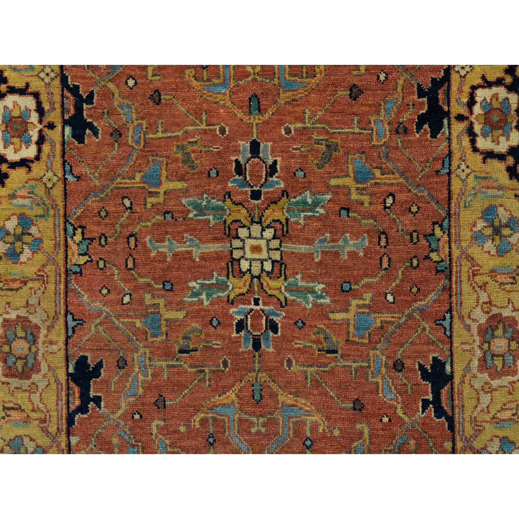 2'5"x6'1" Terracotta Red and Yellow, Soft and Plush, Antiqued Fine Heriz Re-Creation, Hand Woven, Pure Wool, Dense Weave, Runner Oriental Rug 