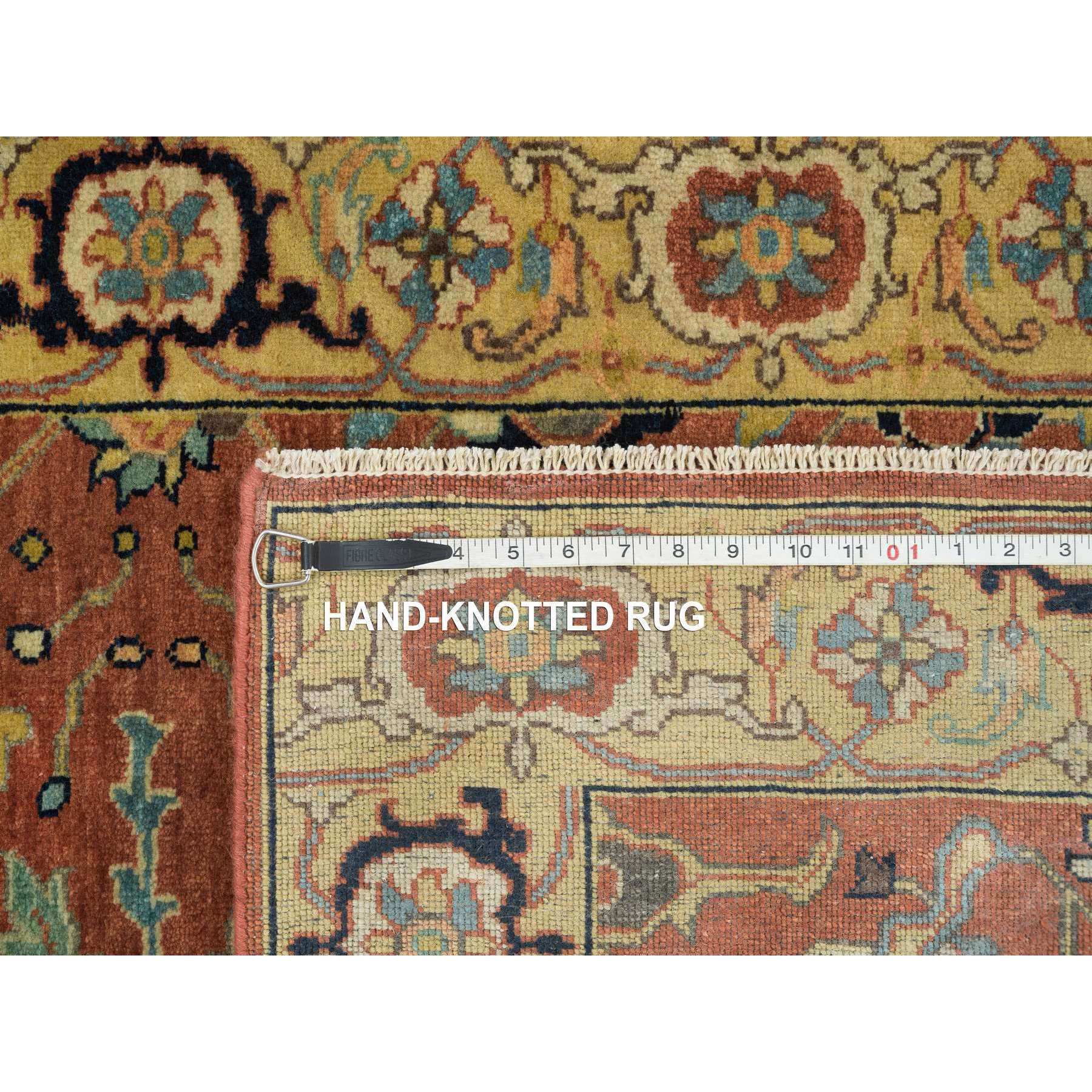 3'1"x5'3" Red with Yellow, Antiqued Fine Heriz Re-Creation, Natural Dyes, Organic Wool, Plush Pile, Hand Woven Oriental Rug 