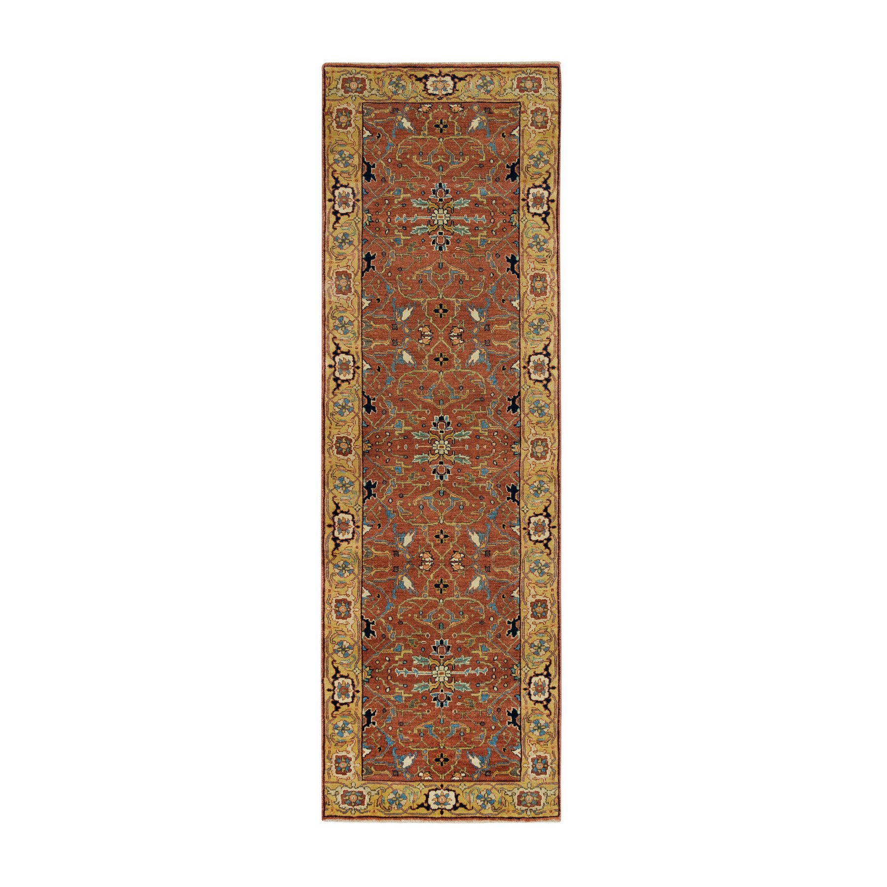 2'7"x8'1" Terracotta Red, Antiqued Fine Heriz Re-Creation, Hand Woven, Vegetable Dyes, Soft and Plush, 100% Wool, Runner Oriental Rug 