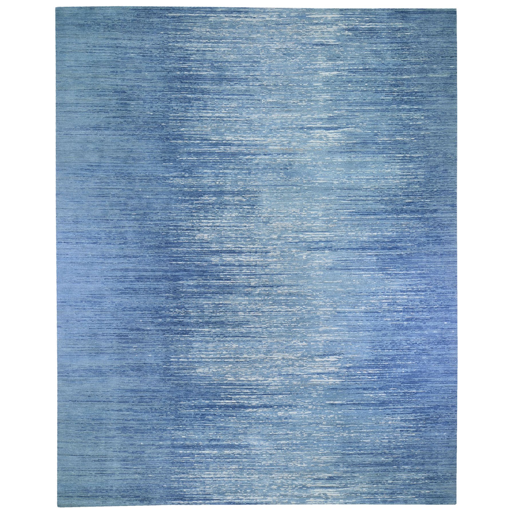 12'3"x15'2" Oversized Blue Oceanic Zero Pile Pure Wool Horizontal Ombre Design Hand Woven Oriental Rug 