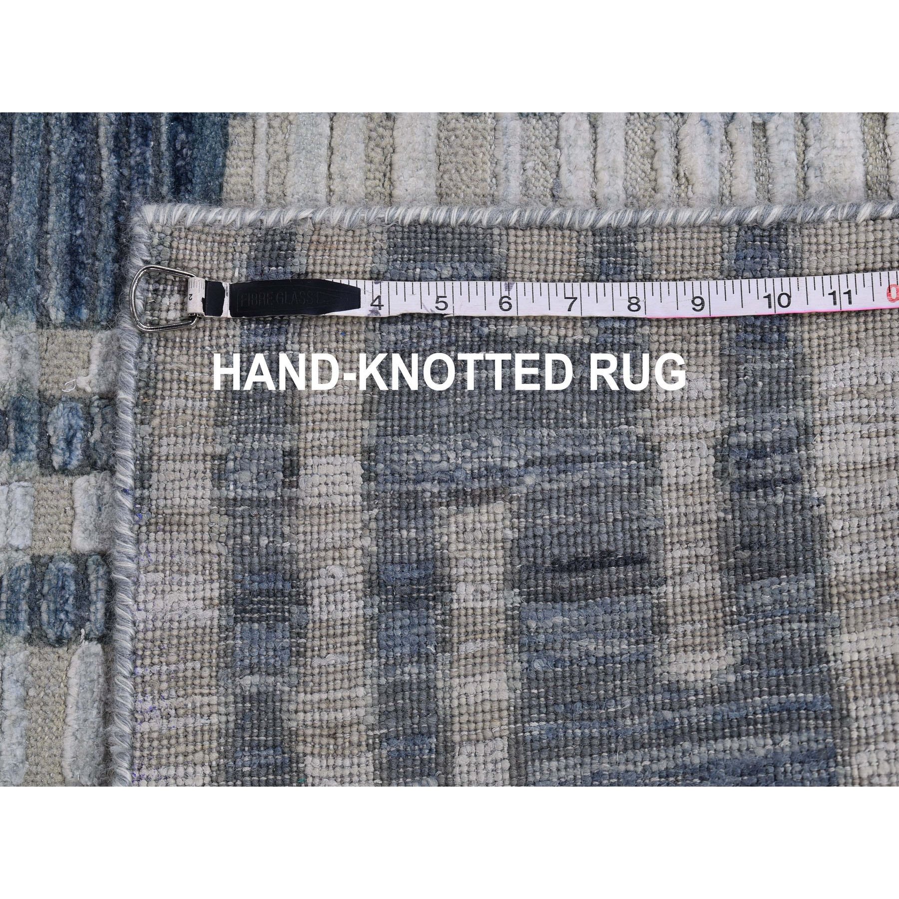 12'1"x15'3" Oversized Blue Pure Silk and Textured Wool Zigzag with Graph Design Hand Woven Oriental Rug 