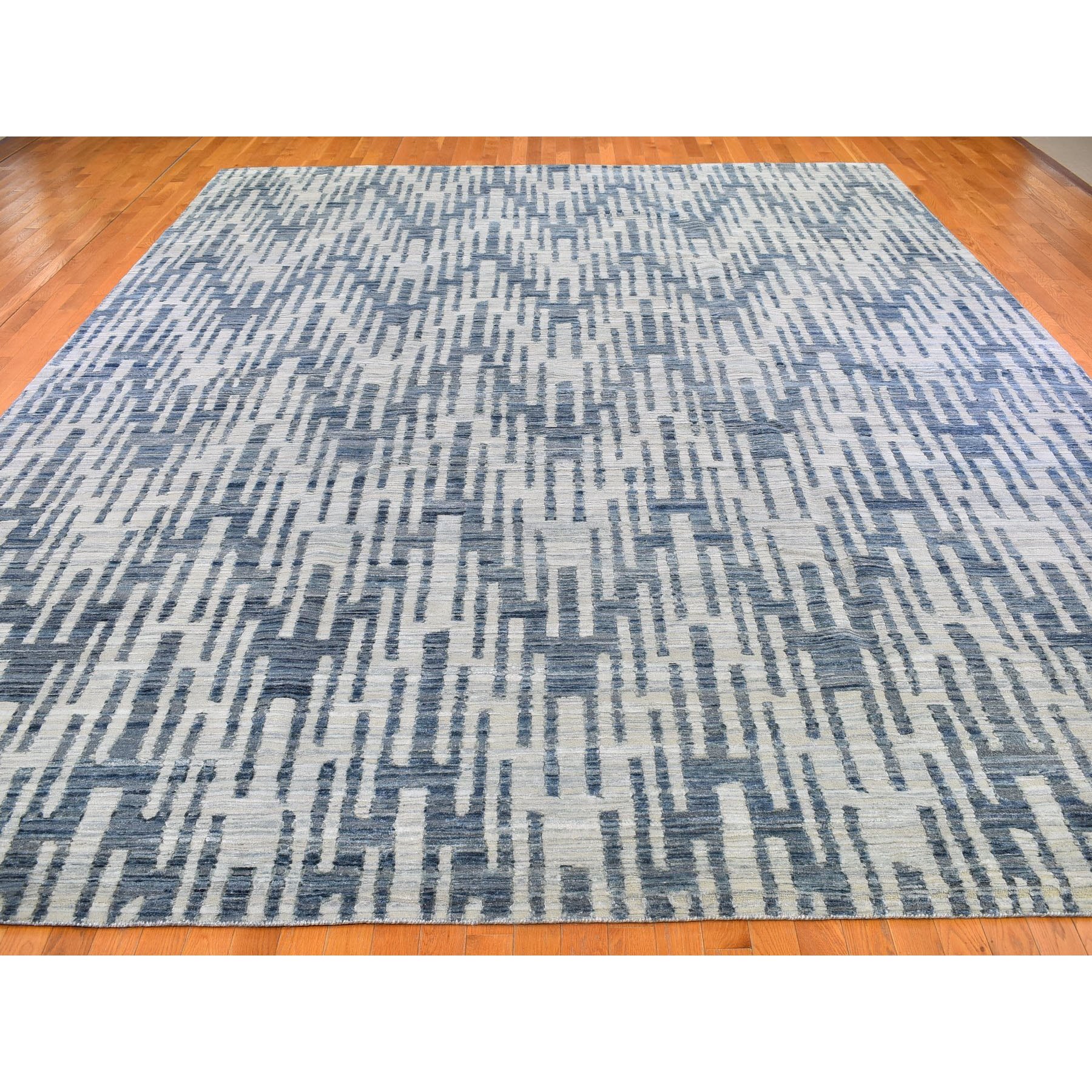 12'1"x15'3" Oversized Blue Pure Silk and Textured Wool Zigzag with Graph Design Hand Woven Oriental Rug 
