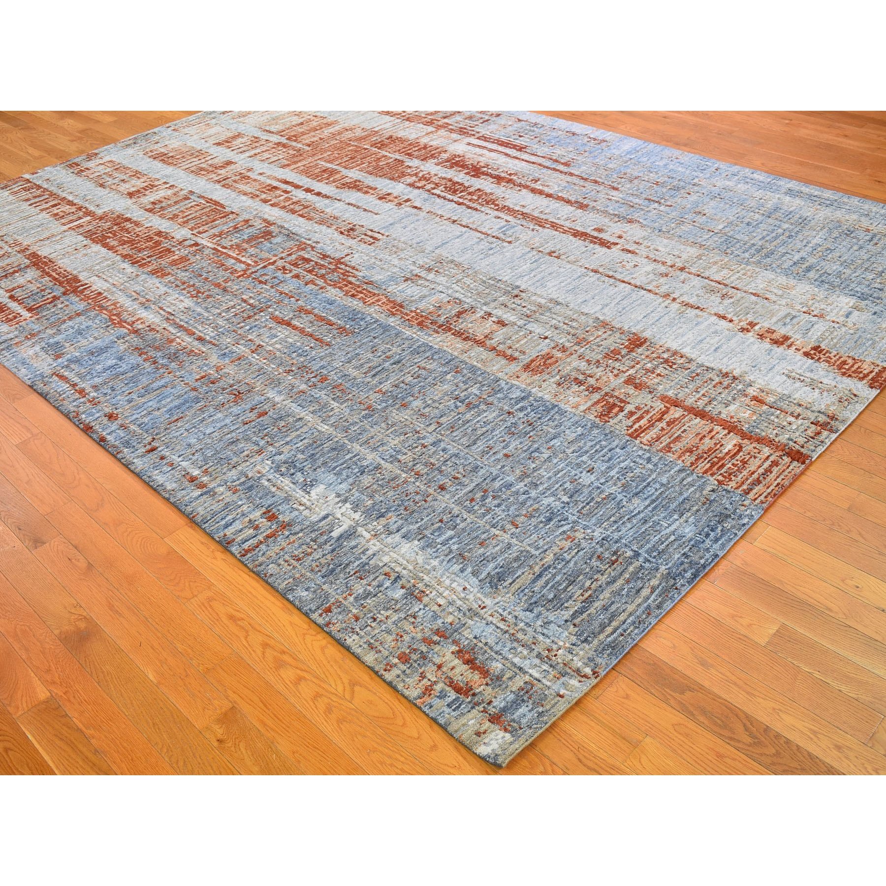 9'x12'2" Red Hi-Low Pile Abstract Design Denser Weave Wool and Silk Hand Woven Oriental Rug 