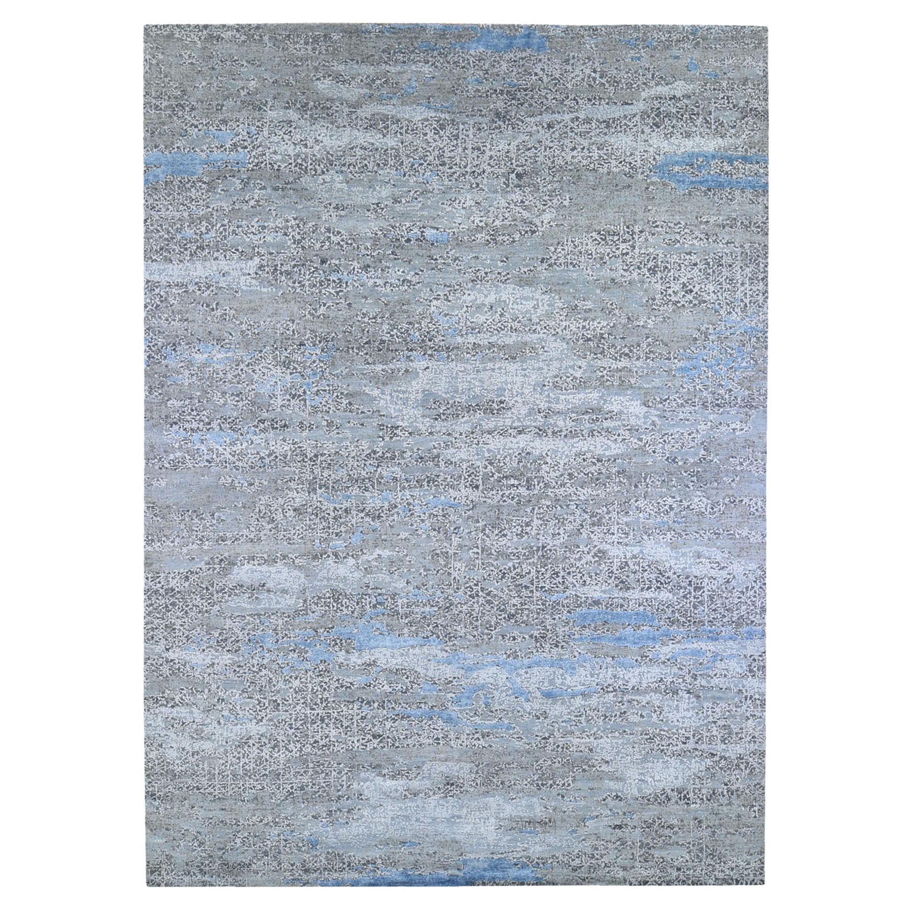 9'x12'4" Light Gray Real Silk With Textured Wool Transitional And Erased Design Hand Woven Oriental Rug 