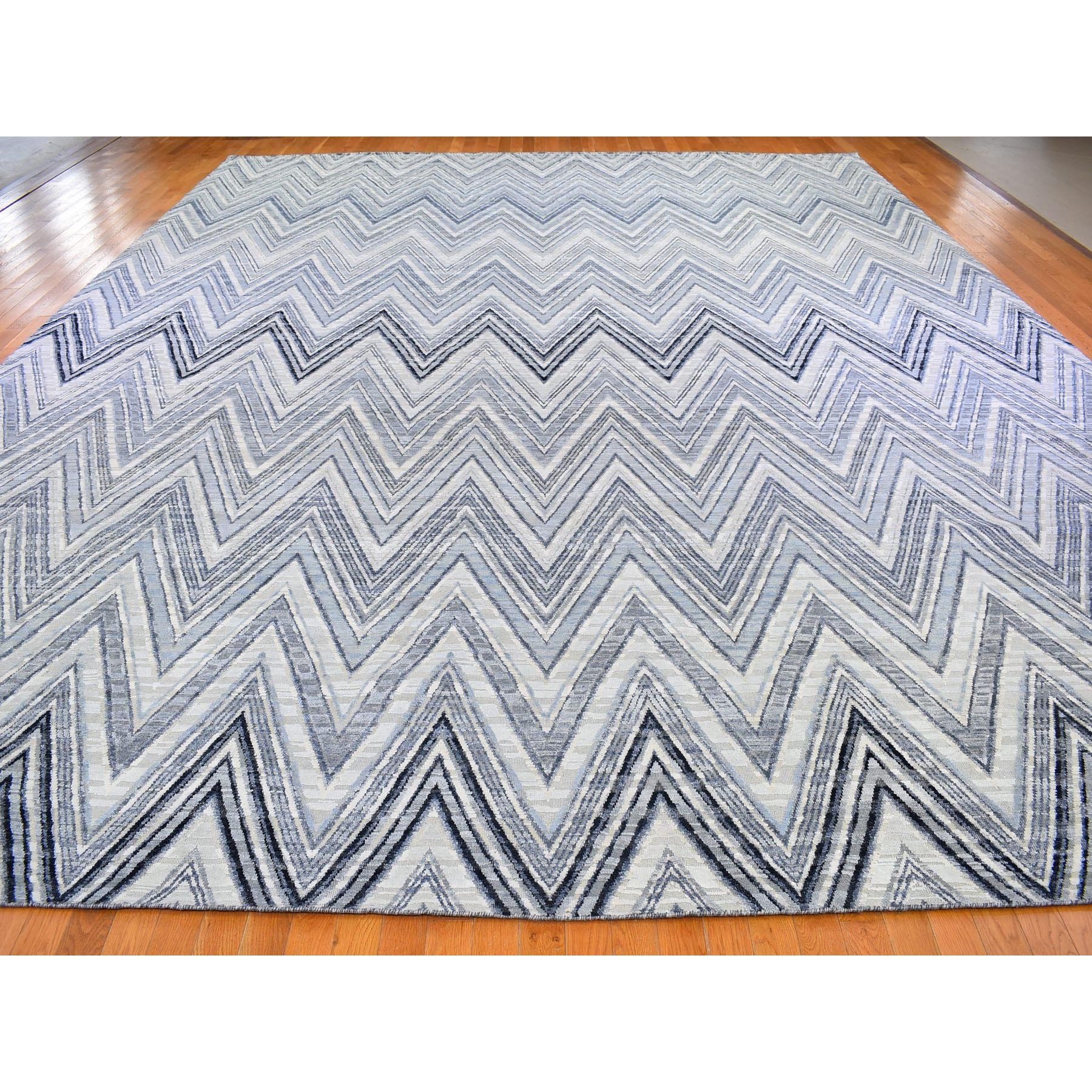 14'1"x18'1" Oversized Gray-Blue Chevron Design Textured Wool and Pure Silk Hand Woven Oriental Rug 