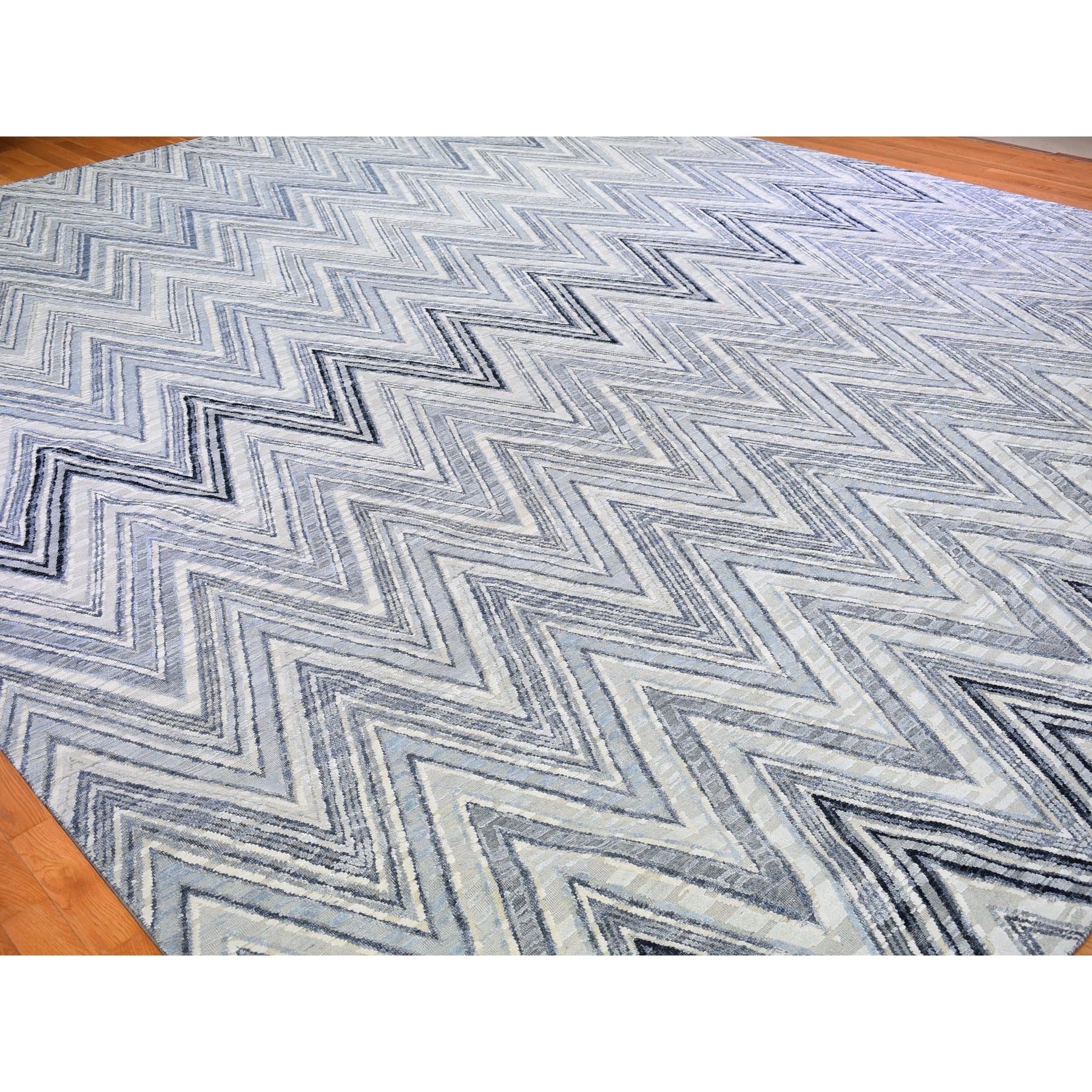 14'1"x18'1" Oversized Gray-Blue Chevron Design Textured Wool and Pure Silk Hand Woven Oriental Rug 