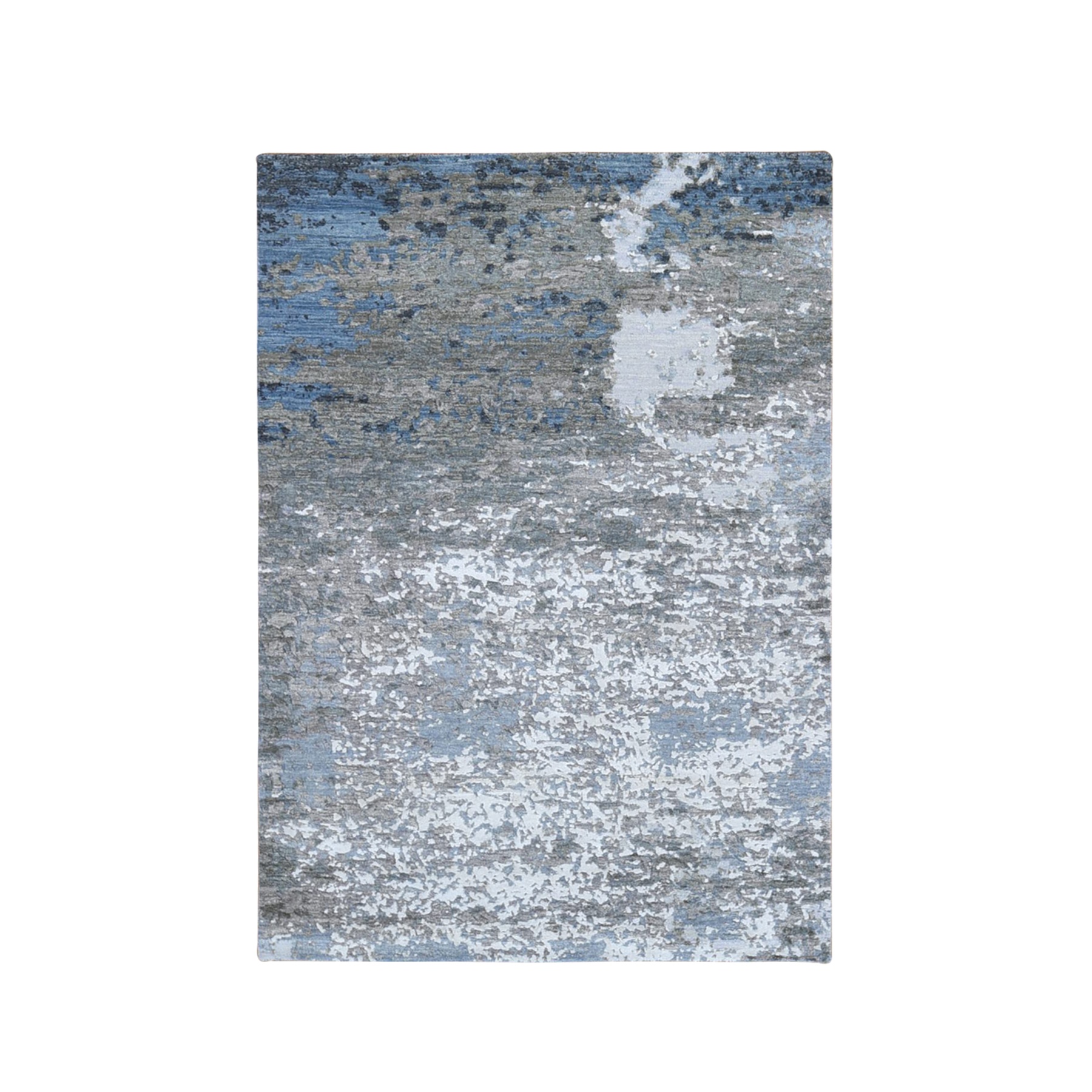4'x6' Blue Abstract Design Wool and Silk Hi-Low Pile Denser Weave Hand Woven Oriental Rug 