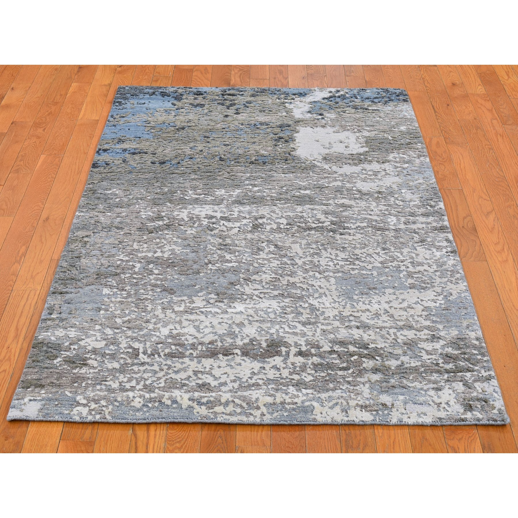4'x6' Blue Abstract Design Wool and Silk Hi-Low Pile Denser Weave Hand Woven Oriental Rug 