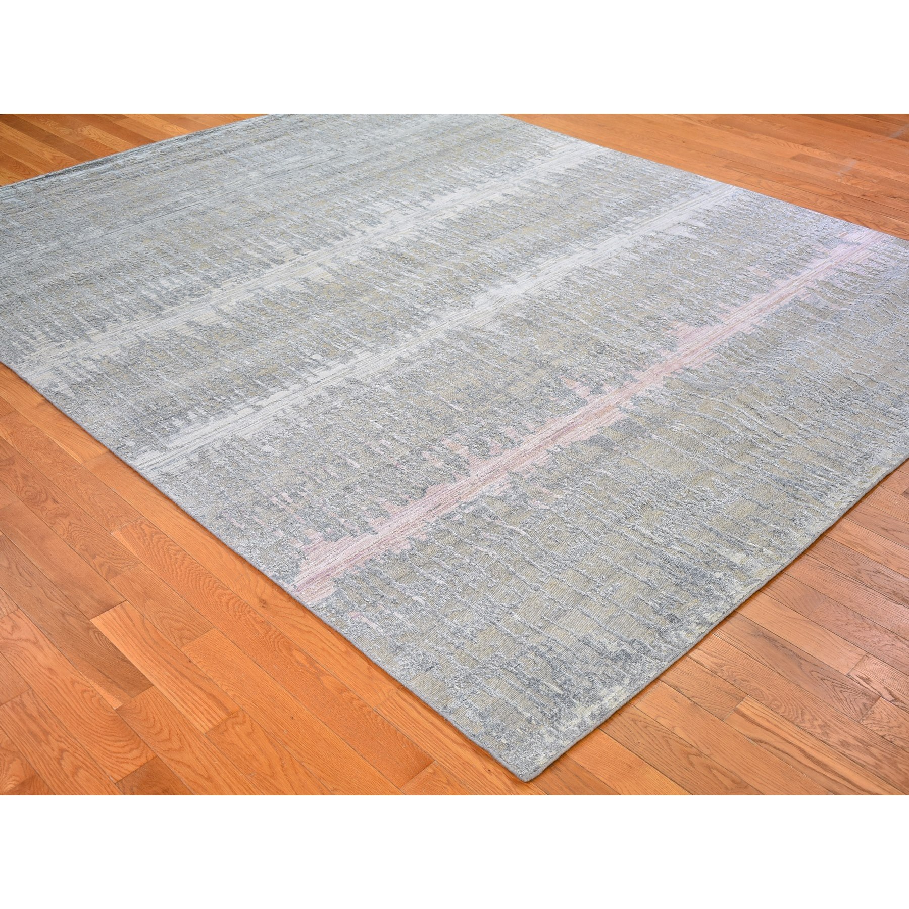 8'x10'3" Hand Woven Cardiac Design with Pastel Colors Textured Wool and Pure Silk Oriental Rug 