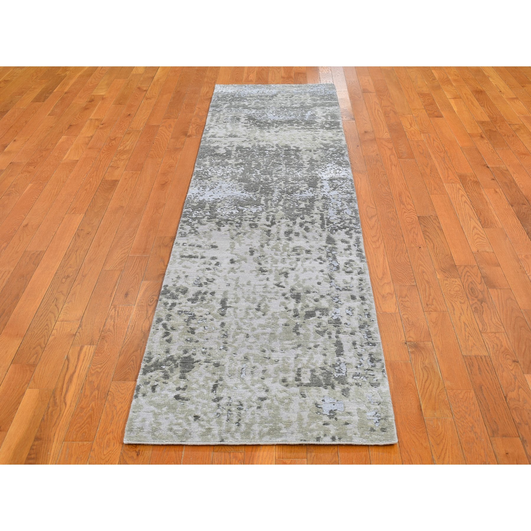 2'5"x10'3" Denser Weave Persian Knot with Abstract Design Wool and Silk Gray Hand Woven Runner Oriental Rug 