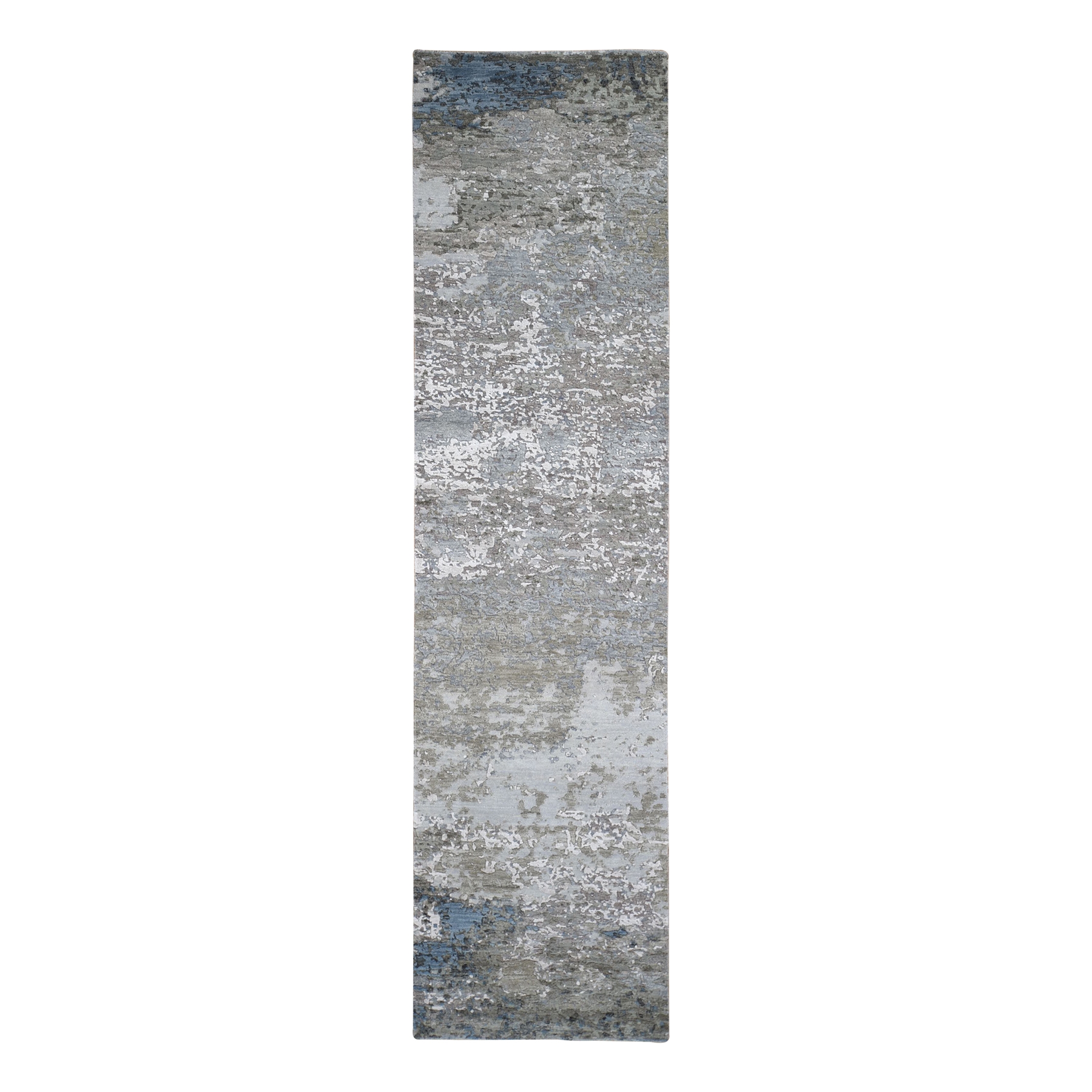 2'6"x10'6" Abstract Design Wool and Silk Hi-Low Pile Gray Denser Weave Hand Woven Runner Oriental Rug 