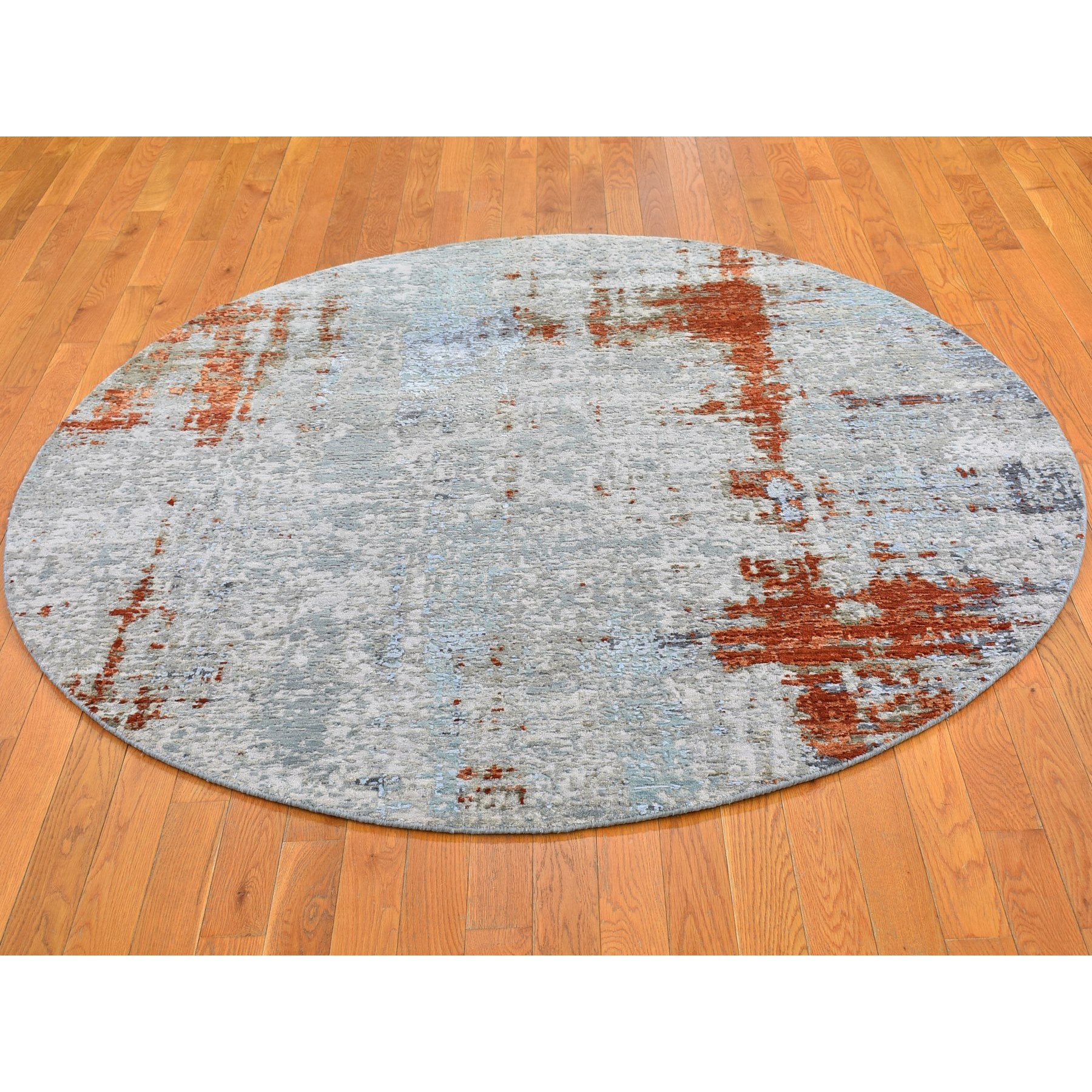 6'1"x6'1" Wool and Silk Persian Knot with Abstract Design Denser Weave Silver Hand Woven Round Oriental Rug 