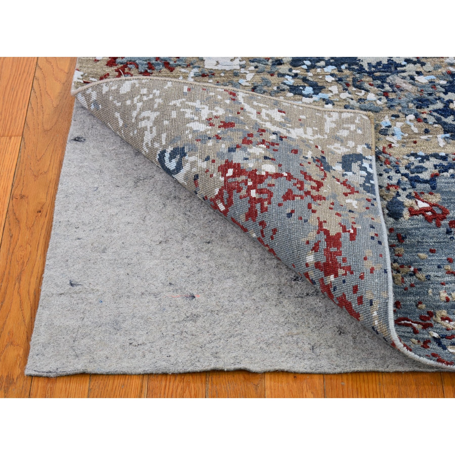 4'1"x6'1" Navy Blue Hi-Low Pile Denser Weave Hand Woven Abstract with Galaxy Design Wool and Silk Oriental Rug 