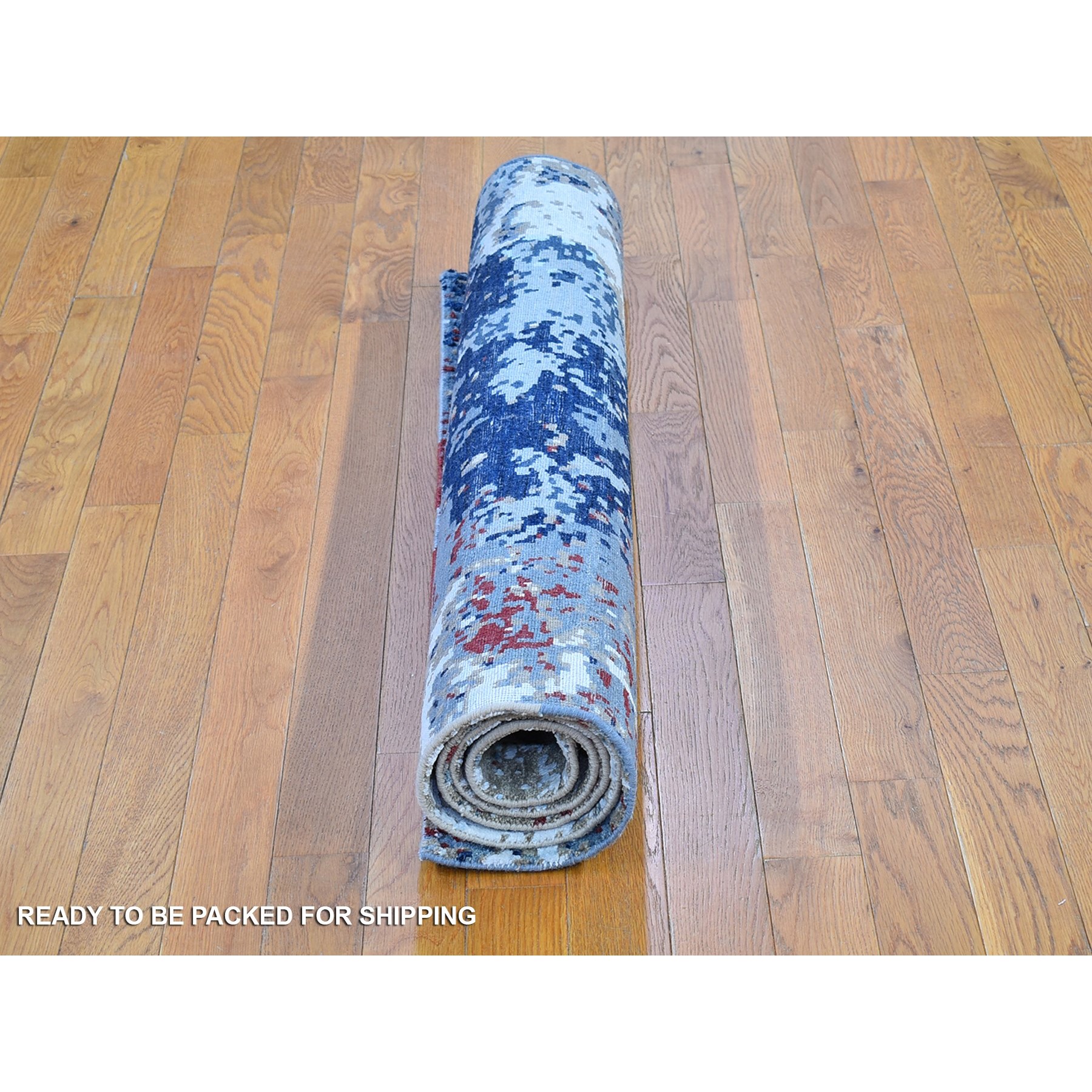 4'1"x6'1" Navy Blue Hi-Low Pile Denser Weave Hand Woven Abstract with Galaxy Design Wool and Silk Oriental Rug 