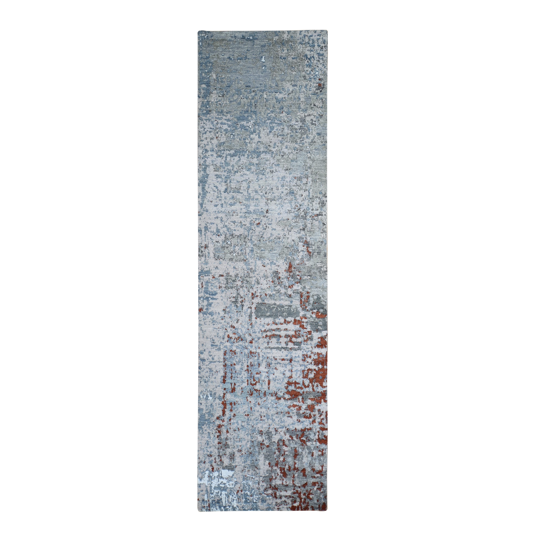 2'6"x10'2" Light Blue Abstract Design Wool and Silk Denser Weave Hand Woven Runner Oriental Rug 