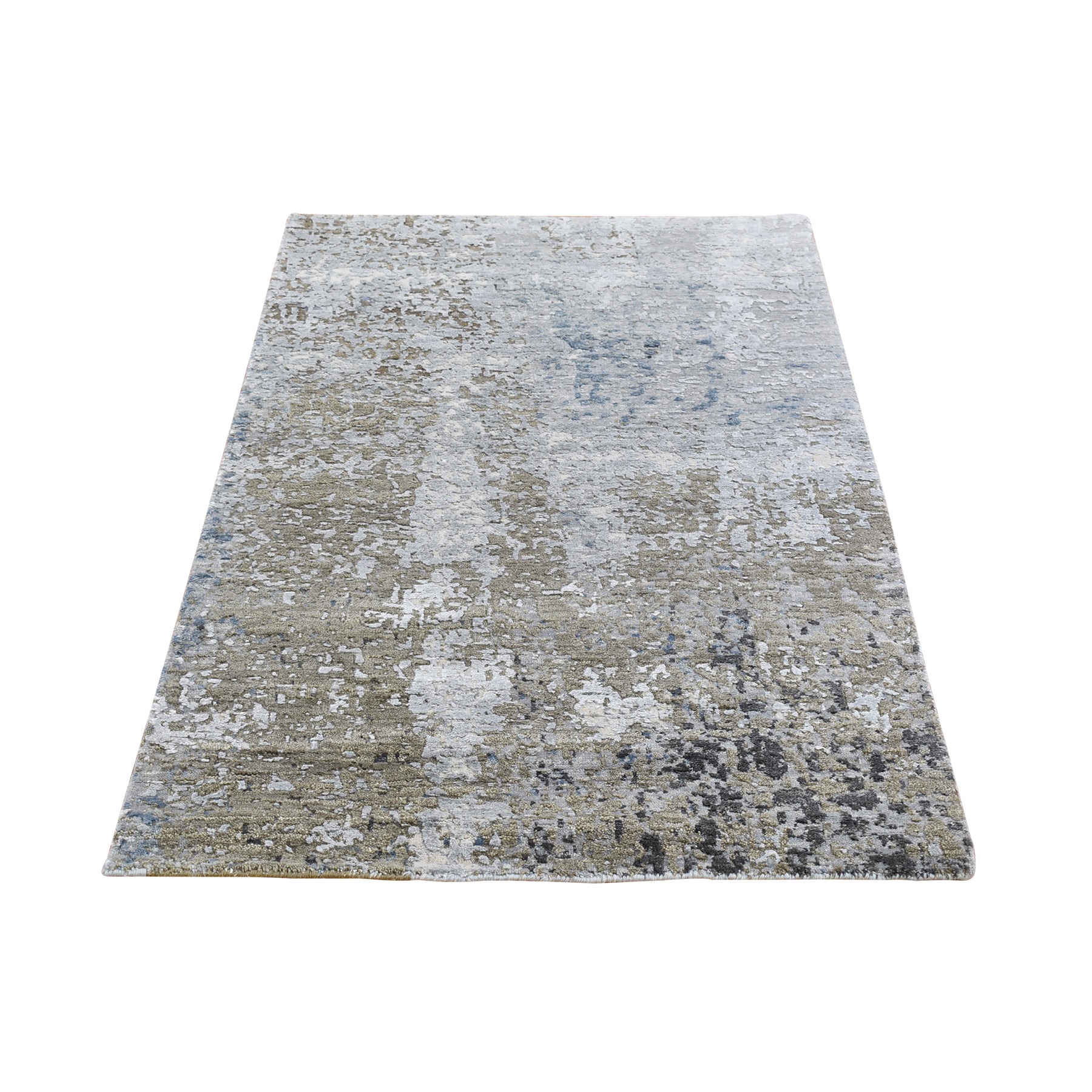 3'x5' Denser Weave Abstract Design Wool and Silk Hi-Low Pile Silver Hand Woven Oriental Rug 