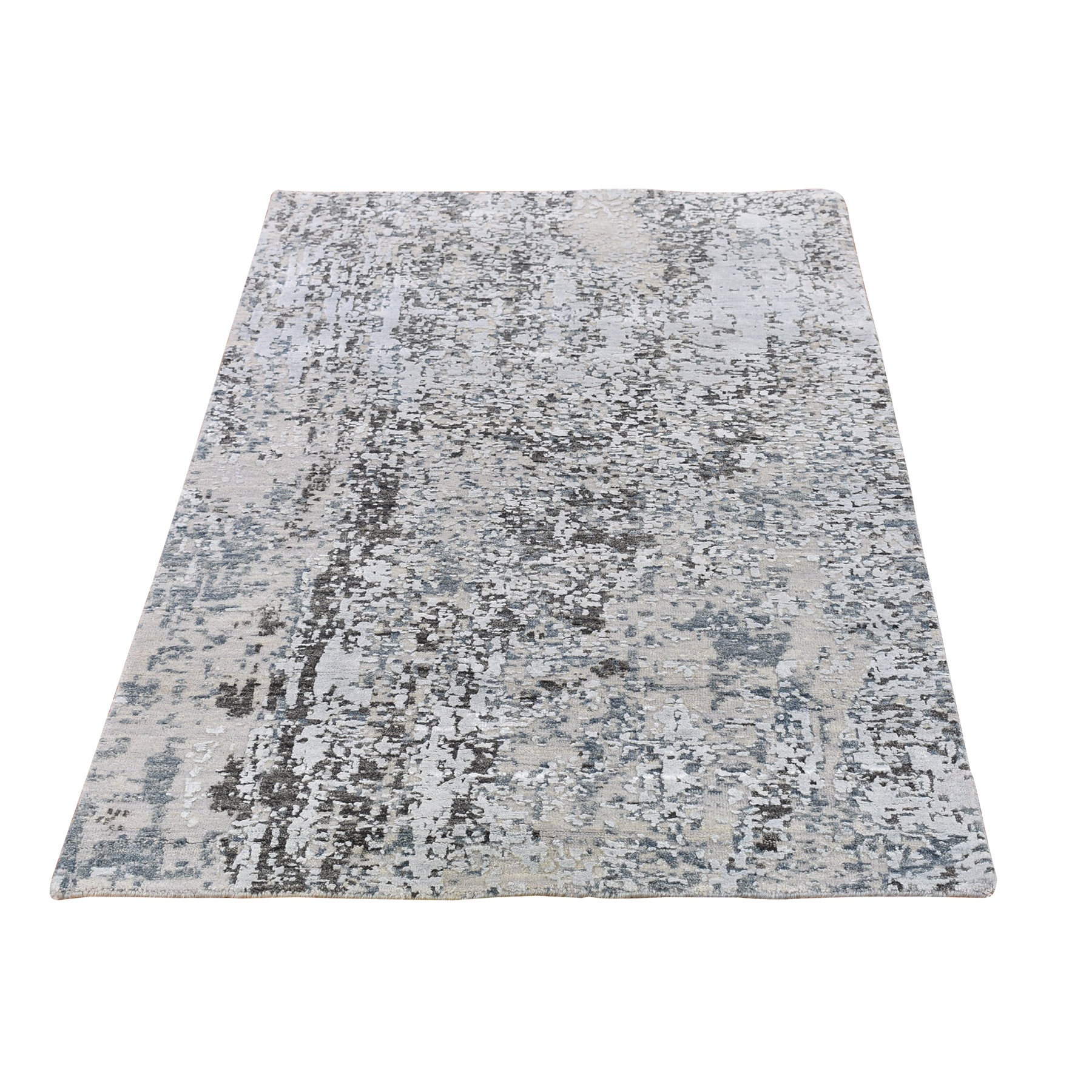 3'x5' Silver Wool and Silk Persian Knot Denser Weave Abstract Design Hand Woven Oriental Rug 
