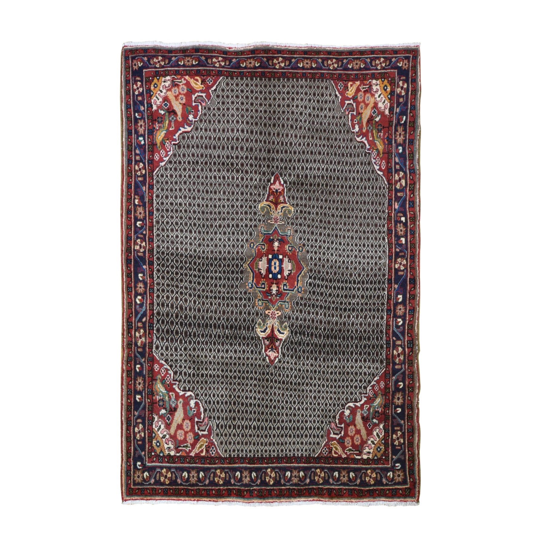 4'9"x7'2" Vintage Persian Hamadan with Chicken Wire Design Gray Organic Wool Bird Figurines Hand Woven Oriental Rug 