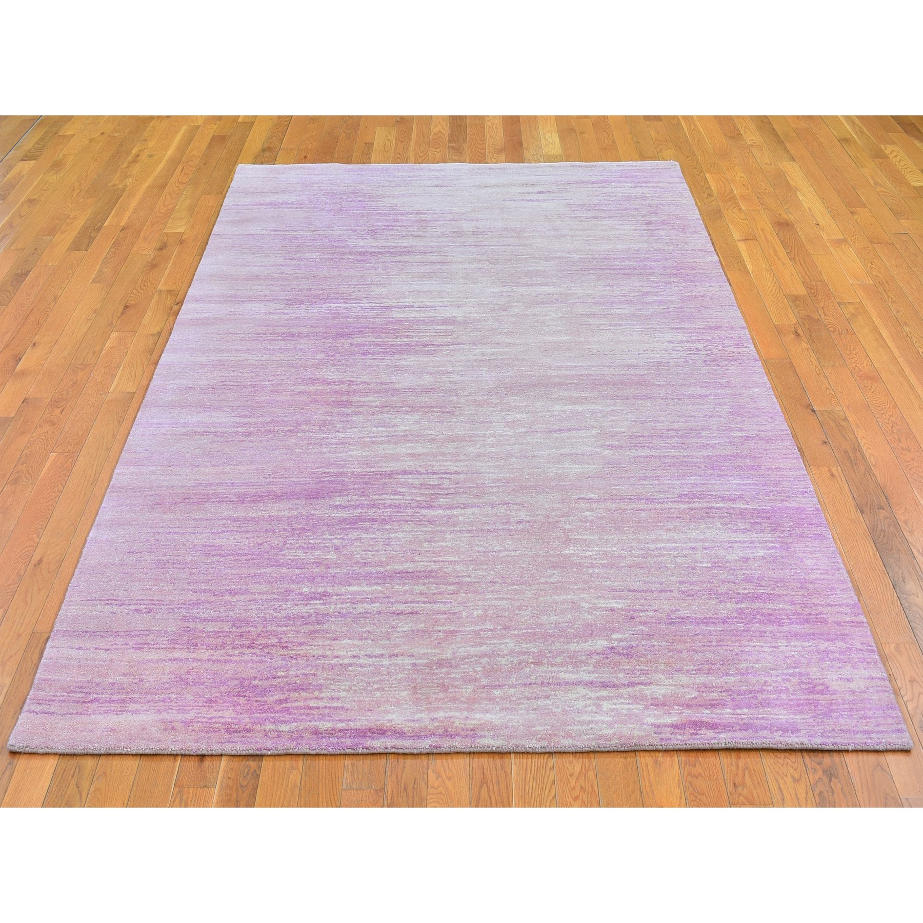6'1"x9'2" Pink Zero Pile Organic Wool Only Horizontal Ombre Design Hand Woven Oriental Rug 