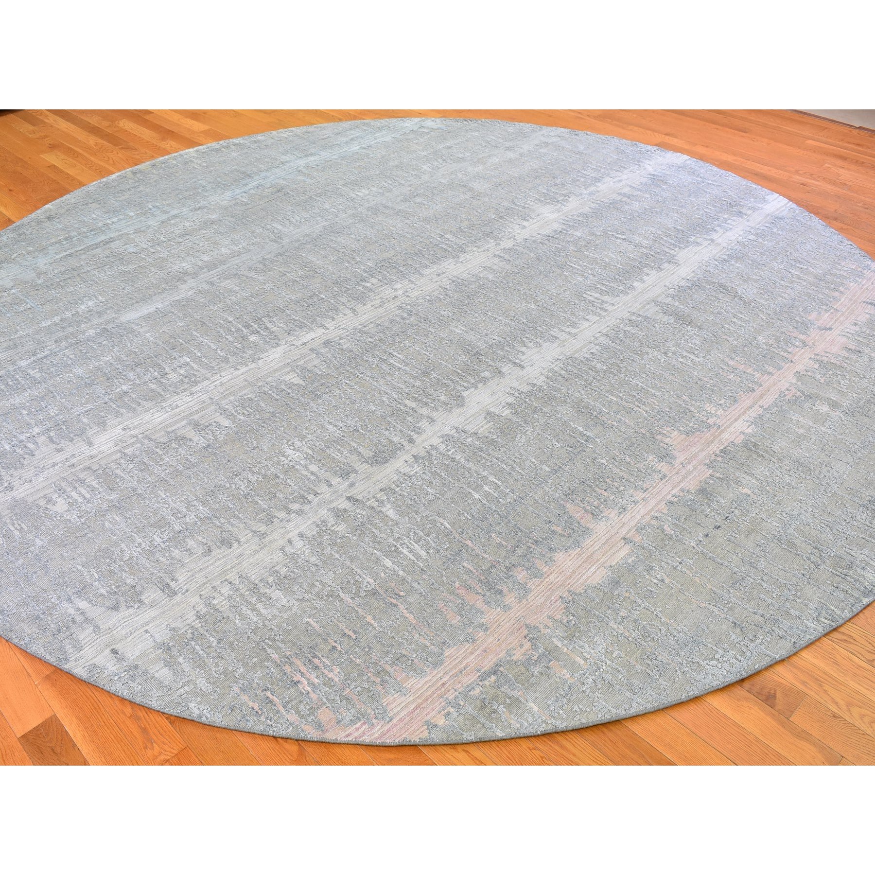 12'x12' Cardiac Design with Pastel Colors Round Textured Wool and Pure Silk Hand Woven Oriental Rug 