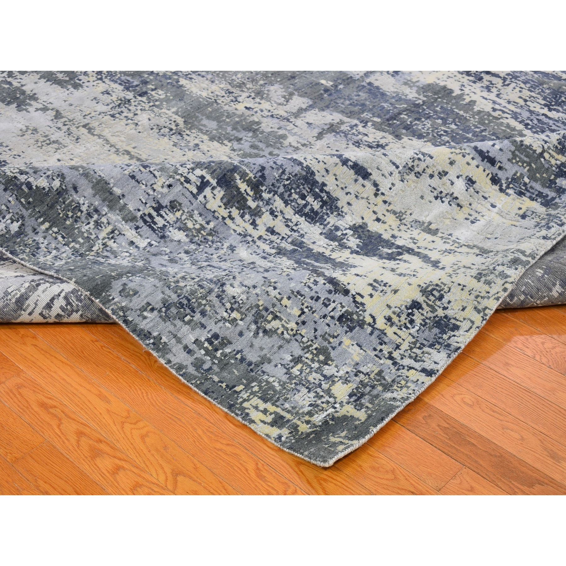 12'x18'1" Oversized Abstract Design with Persian Knot Wool and Silk Denser Weave Charcoal Gray Hand Woven Oriental Rug 