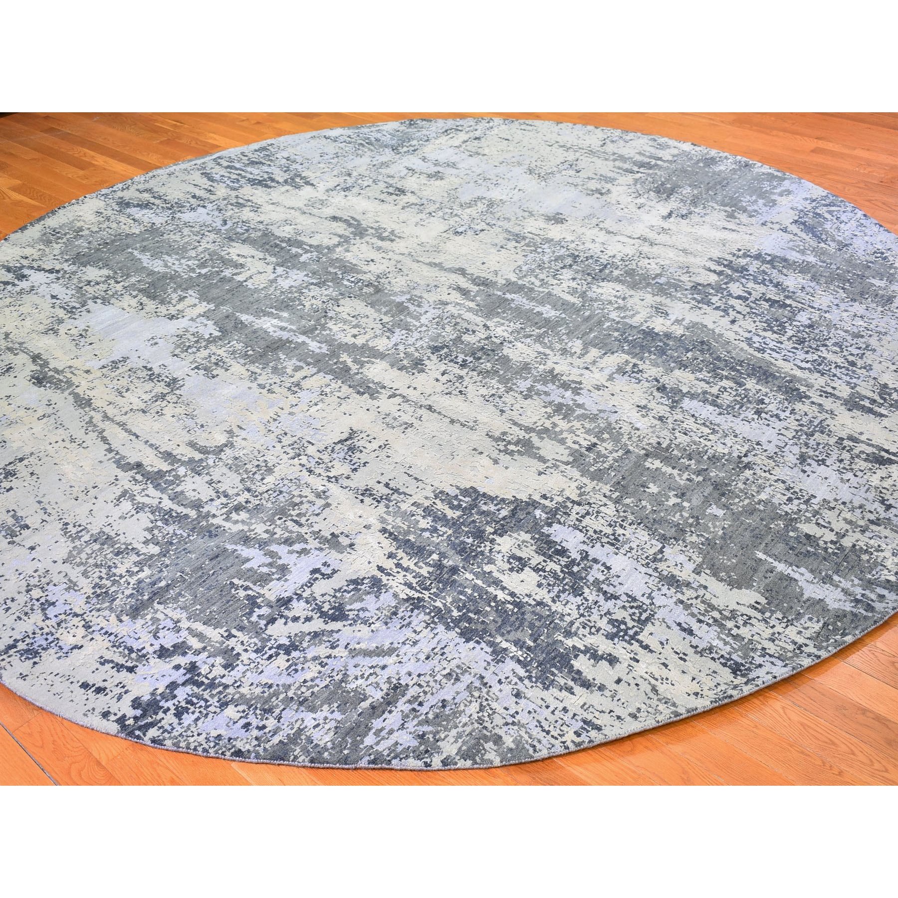 12'1"x12'1" Abstract Design Wool and Silk Round Denser Weave Charcoal Gray Persian Knot Hand Woven Oriental Rug 