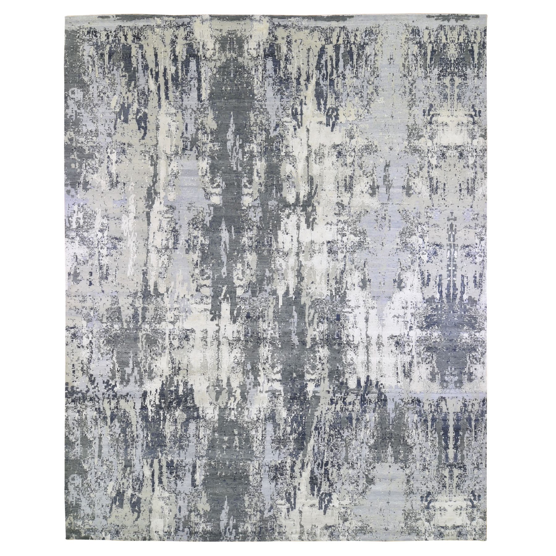 12'1"x15'2" Oversized Abstract Design Wool and Silk Denser Weave Charcoal Gray Persian Knot Hand Woven Oriental Rug 