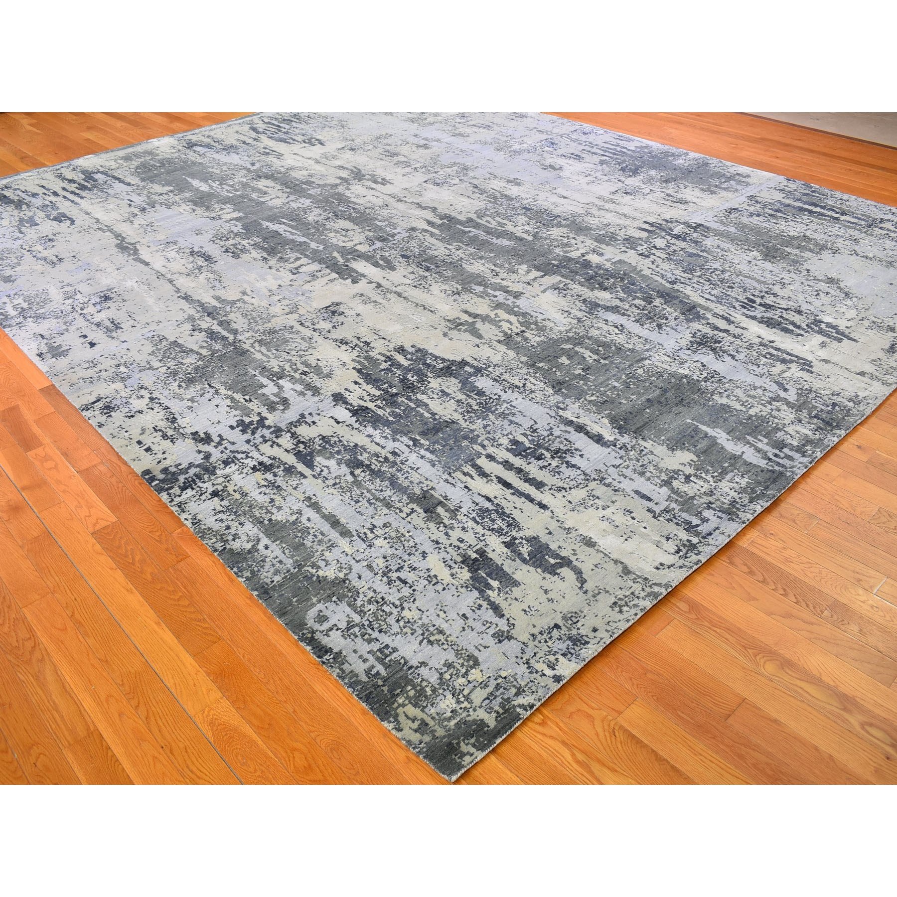 12'1"x15'2" Oversized Abstract Design Wool and Silk Denser Weave Charcoal Gray Persian Knot Hand Woven Oriental Rug 