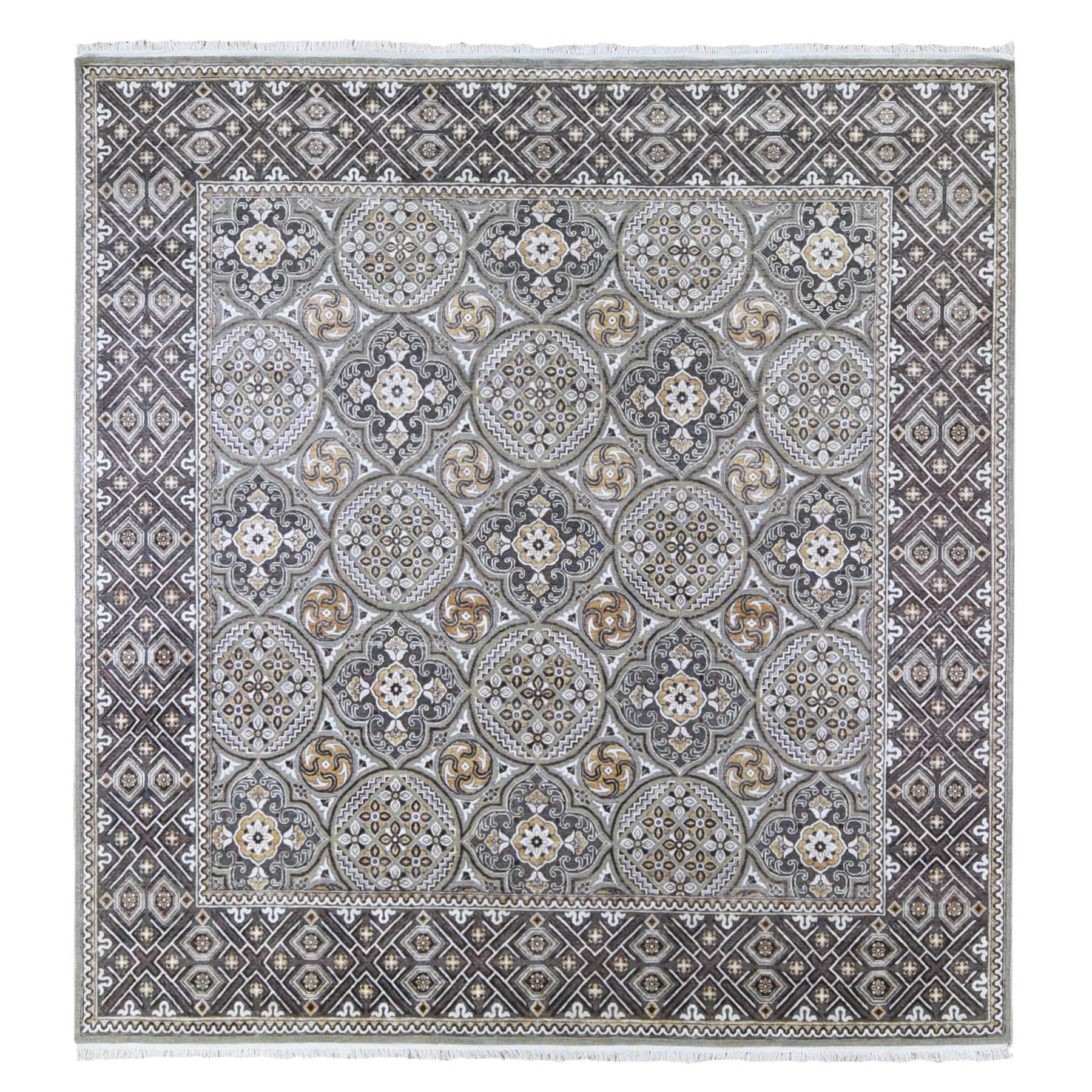 10'x10' Textured Wool and Silk Square Mughal Inspired Medallions Design Hand Woven Brown and Gray Oriental Rug 