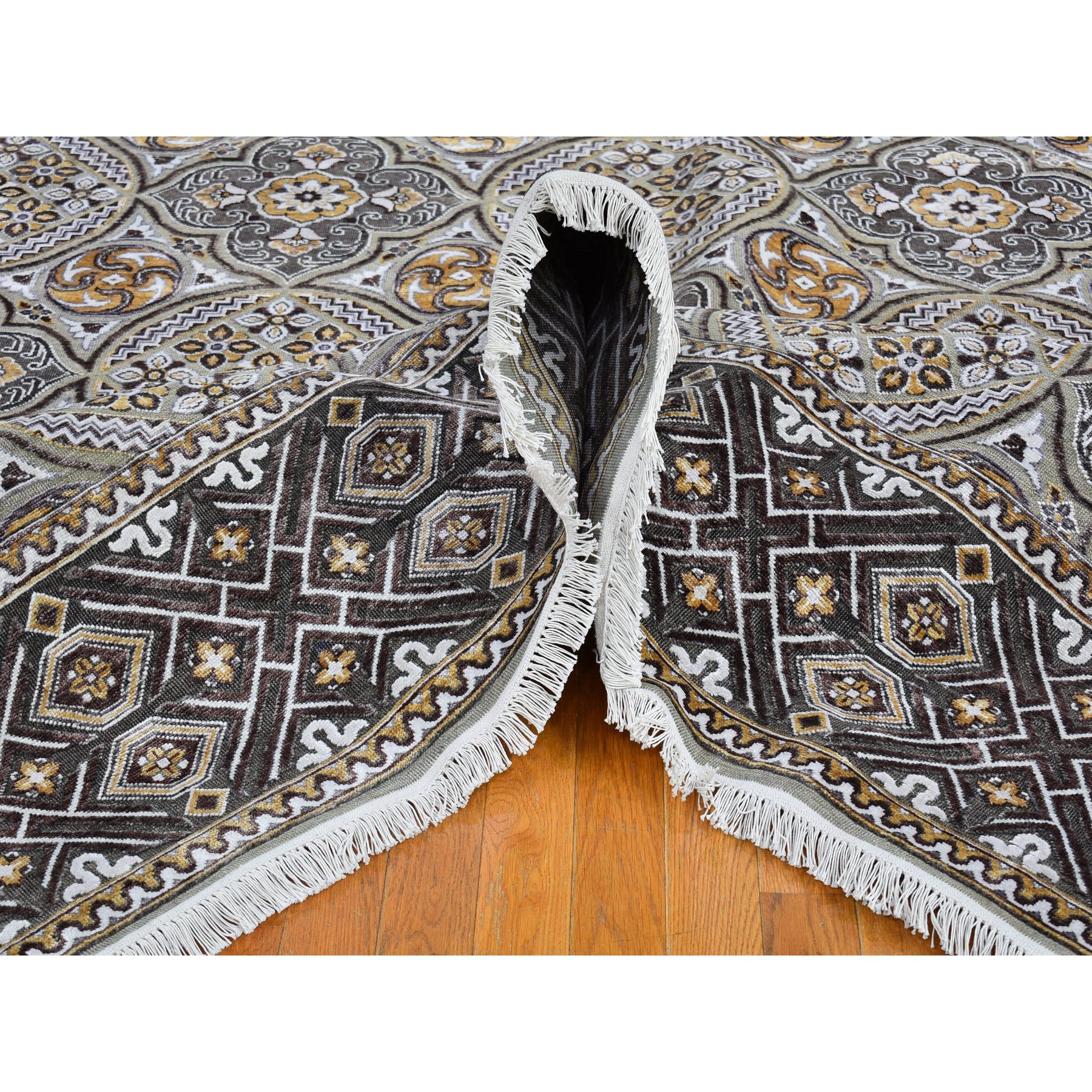 10'x10' Textured Wool and Silk Square Mughal Inspired Medallions Design Hand Woven Brown and Gray Oriental Rug 