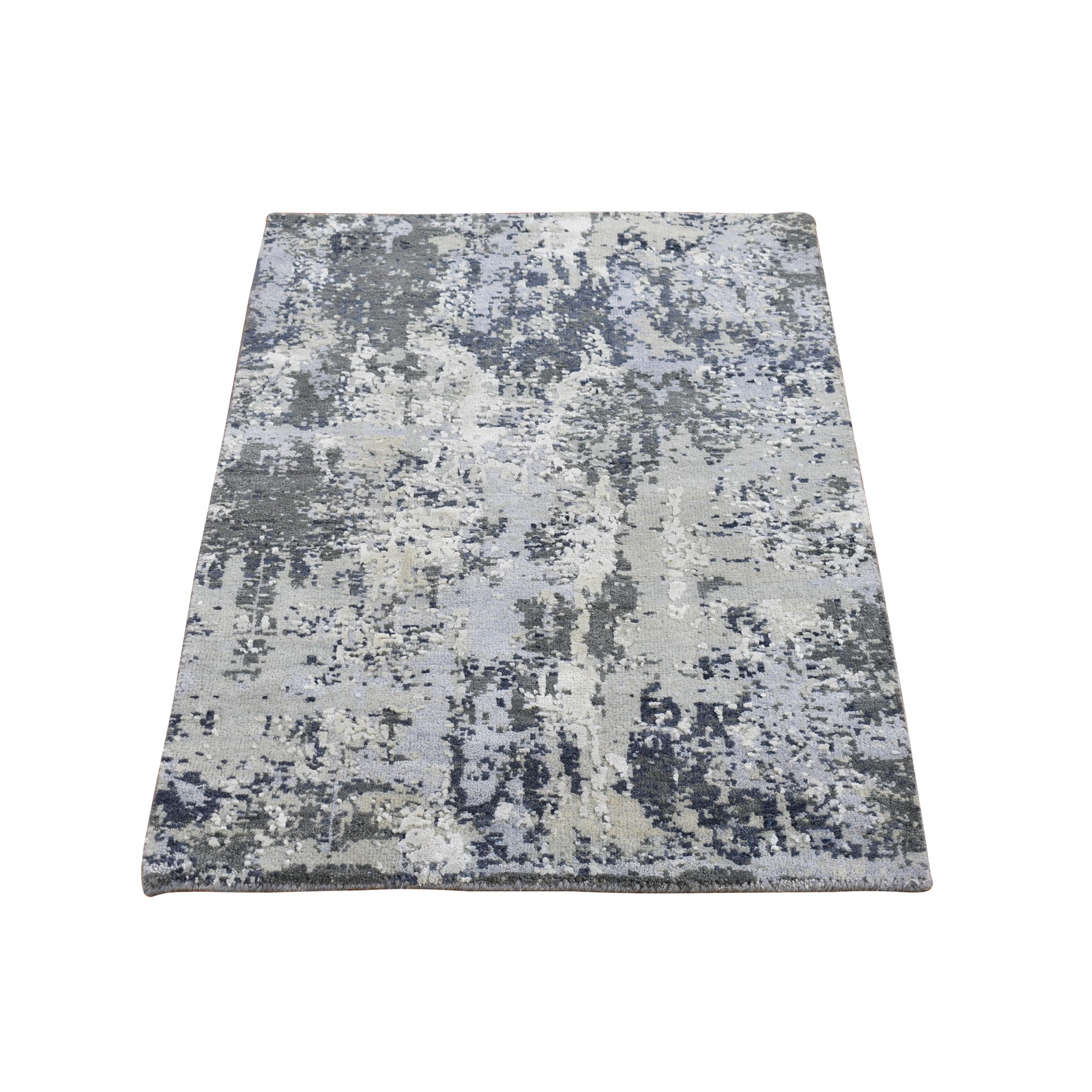 2'1"x3'1" Abstract Design with Persian Knot Wool and Real Silk Denser Weave Gray Hand Woven Oriental Rug 