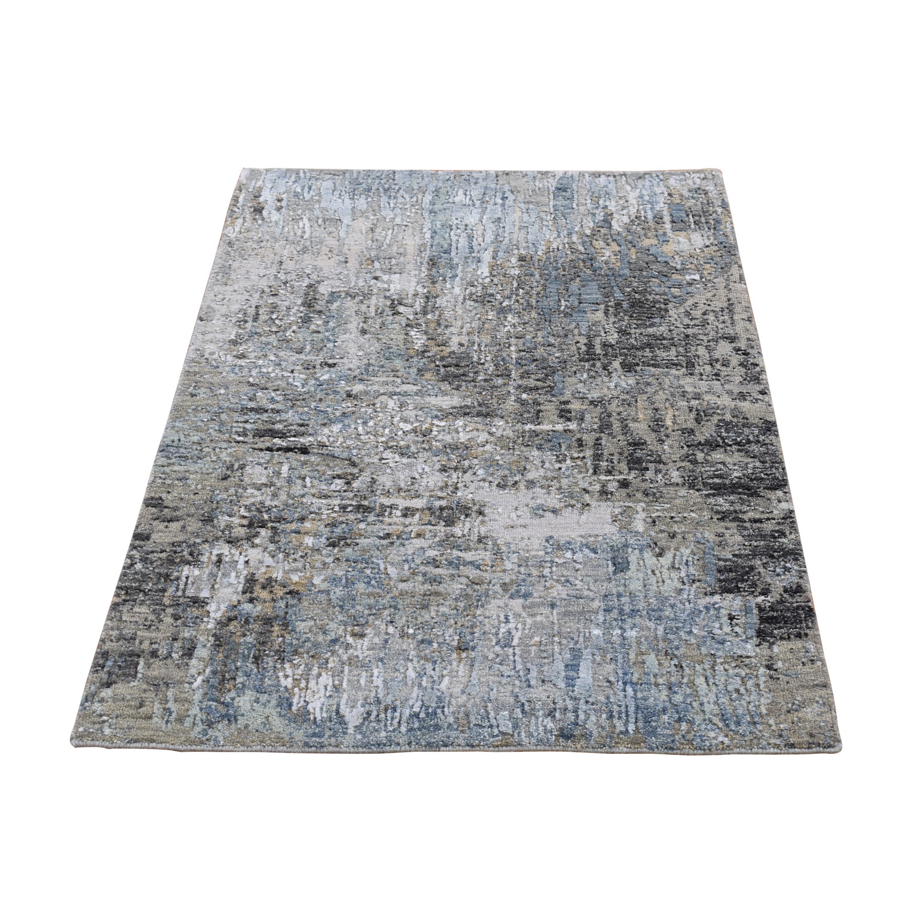 2'6"x4'4" Gray Persian Knot with Abstract Design Wool and Silk Denser Weave Hand Woven Oriental Rug 