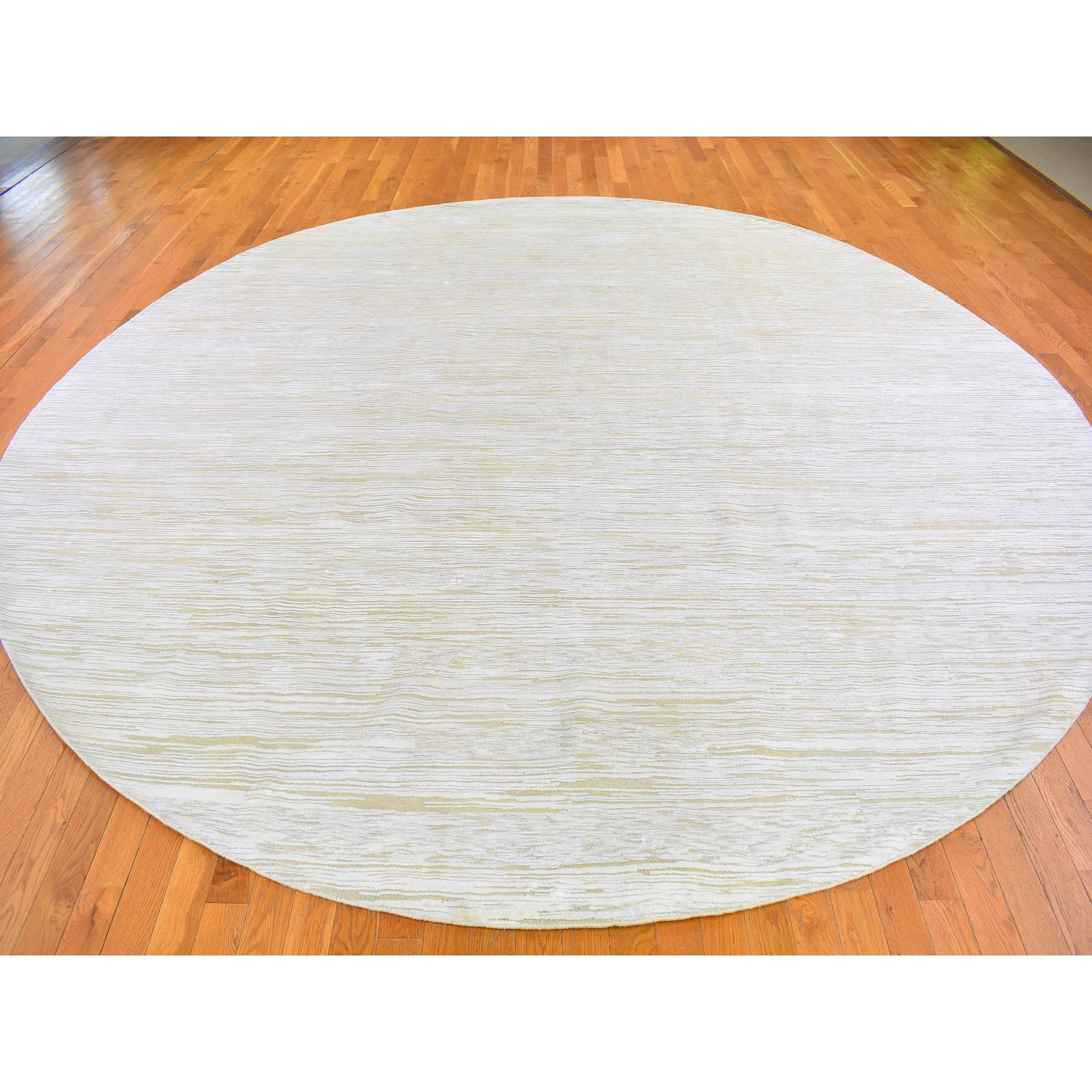 12'x12' Gabbeh Design Hand Woven Ivory Silk with Textured Wool Tone on Tone Hi-Low Pile Round Oriental Rug 