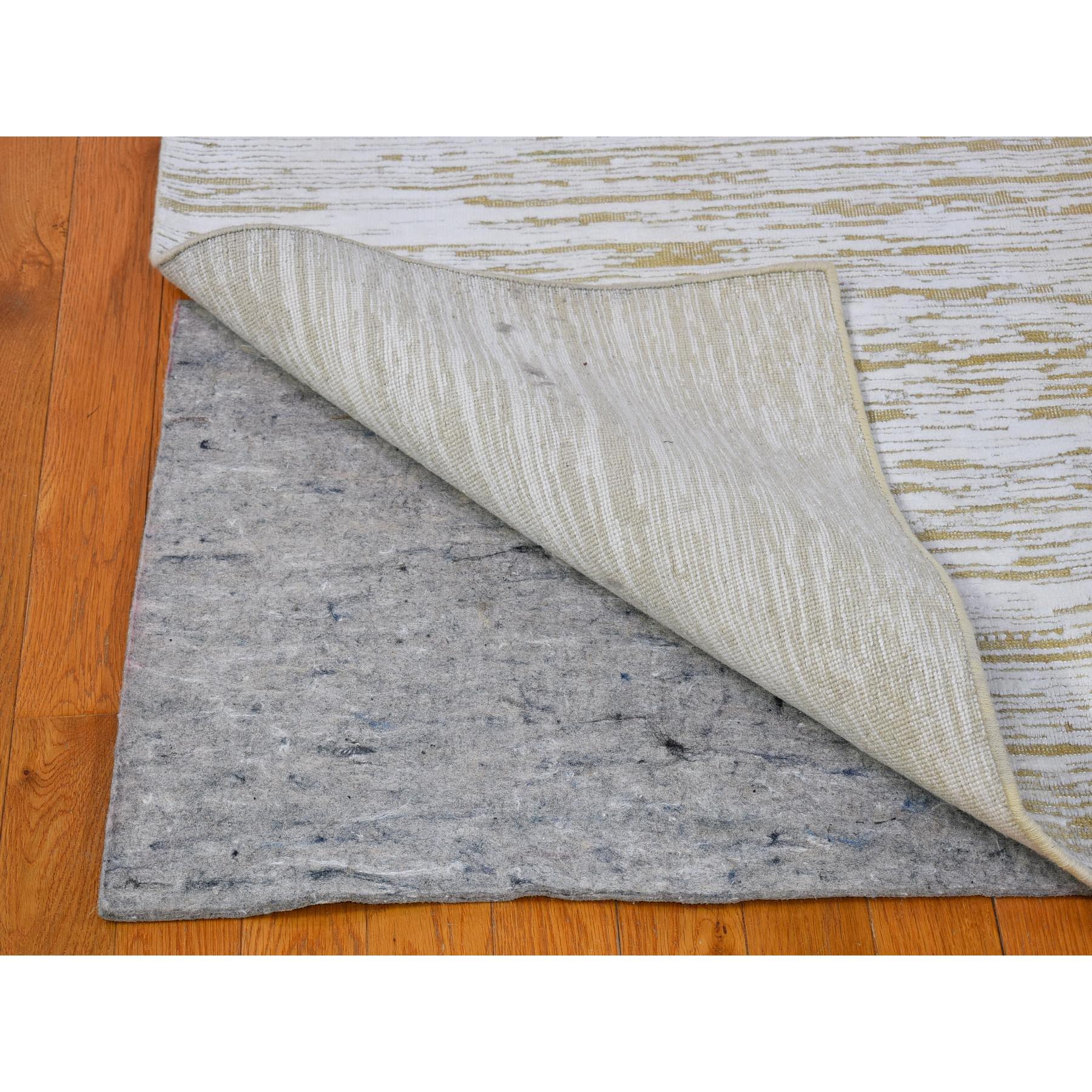 10'x14'2" Ivory Silk with Textured Wool Tone on Tone Gabbeh Design Hand Woven Hi-Low Pile Oriental Rug 
