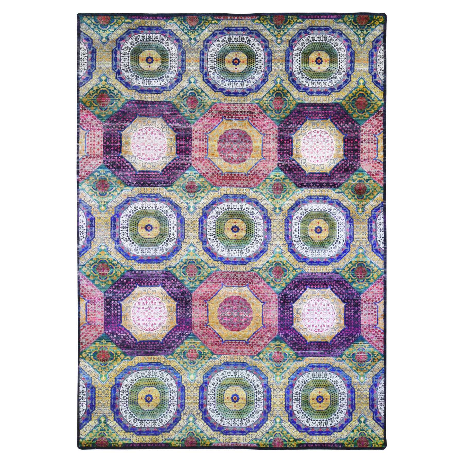 10'1"x14'5" Colorful Mamluk Design Sari Silk with Textured Wool Hand Woven Oriental Rug 